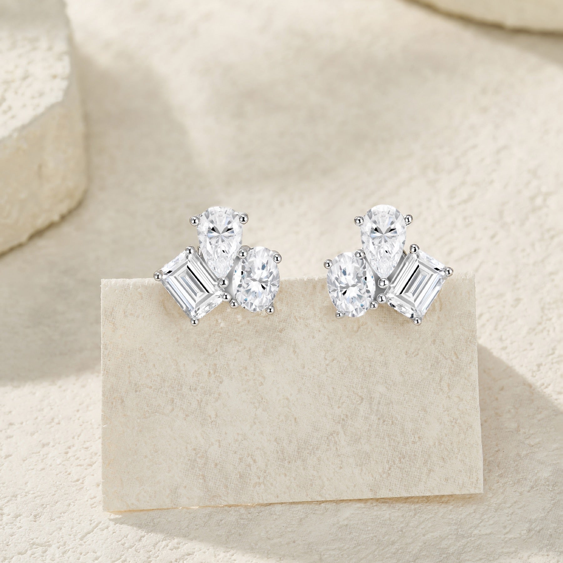 Melange Moissanite Cluster Stud Earrings in Sterling Silver
