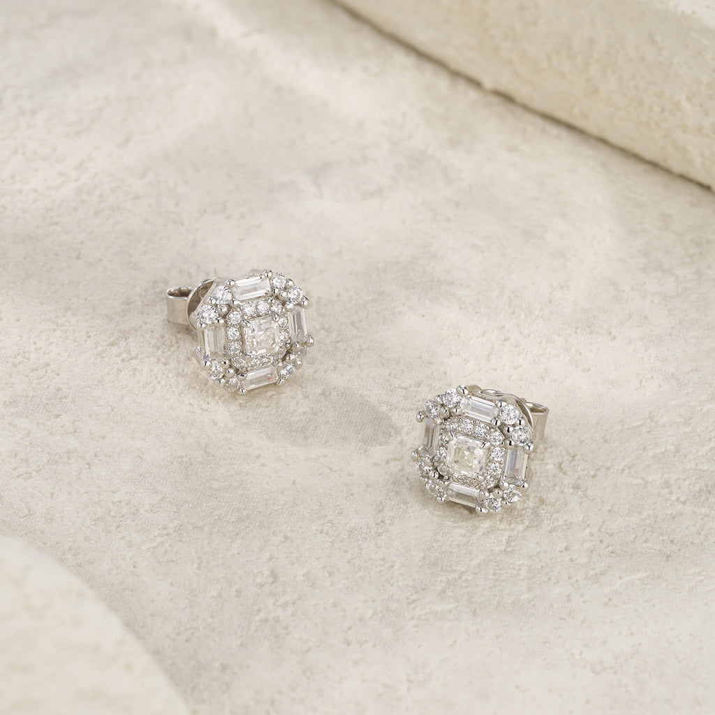 Palazzo Moissanite Halo Stud Earrings in Sterling Silver
