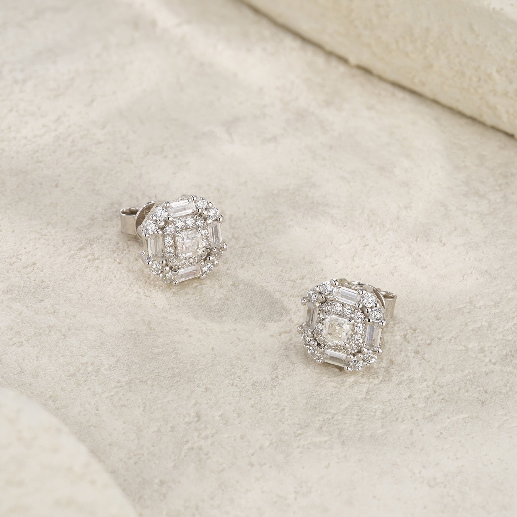 Palazzo Moissanite Halo Stud Earrings in Sterling Silver