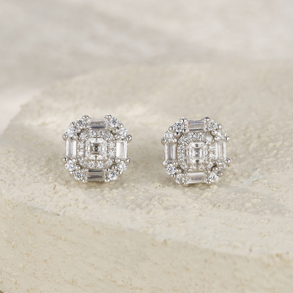 Palazzo Moissanite Halo Stud Earrings in Sterling Silver