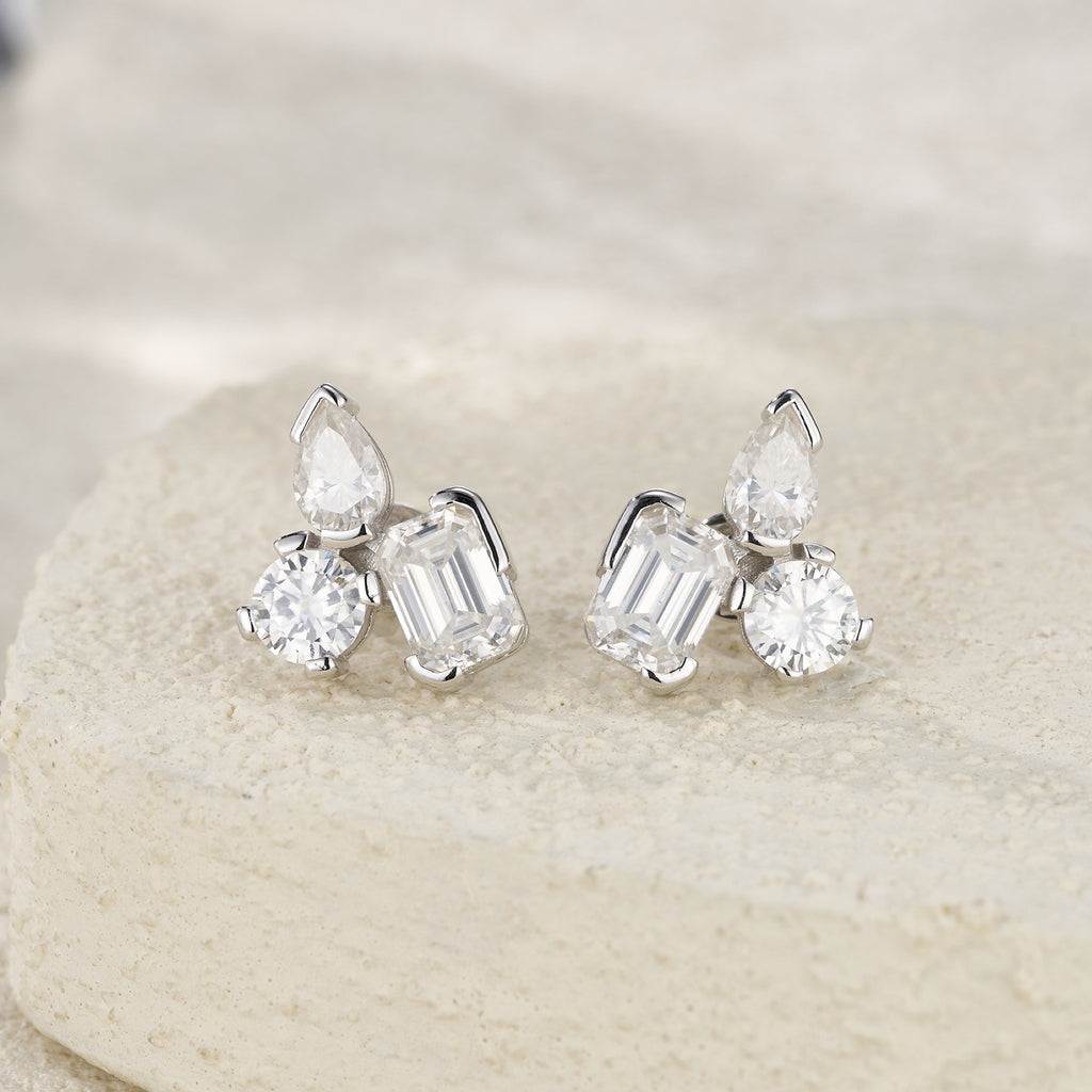 Mosaico Moissanite Cluster Stud Earrings in Sterling Silver