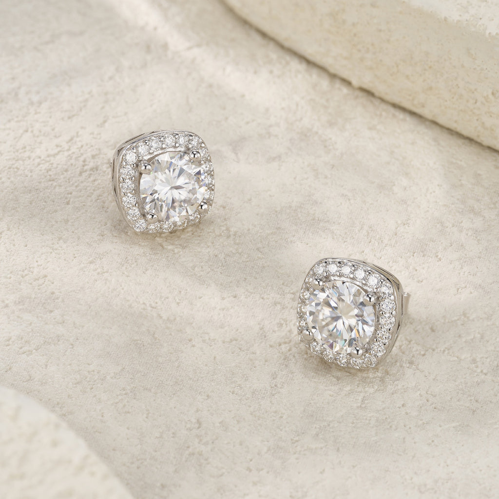 Reale 3 Carat Moissanite Halo Stud Earrings in Sterling Silver