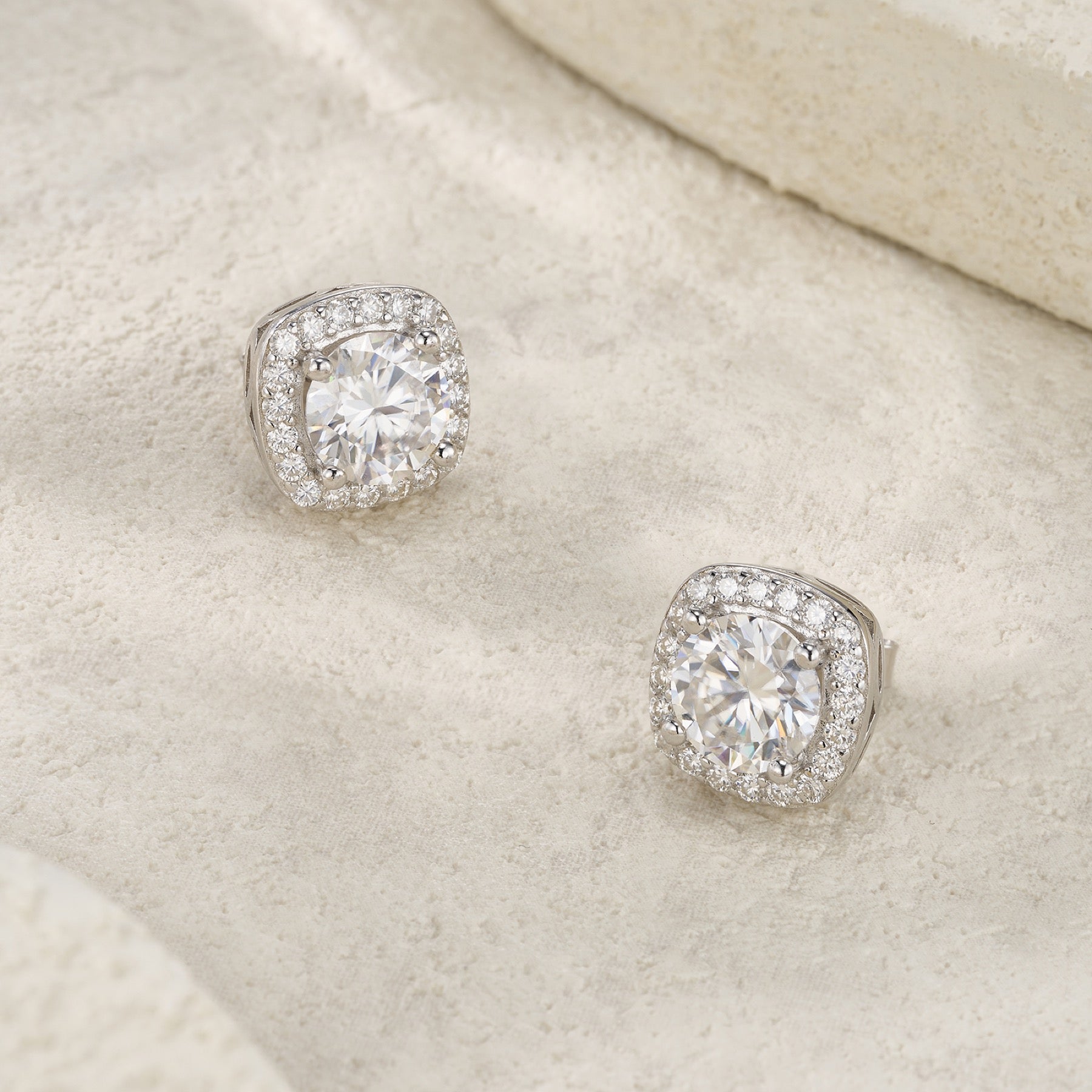 Reale 3 Carat Moissanite Halo Stud Earrings in Sterling Silver