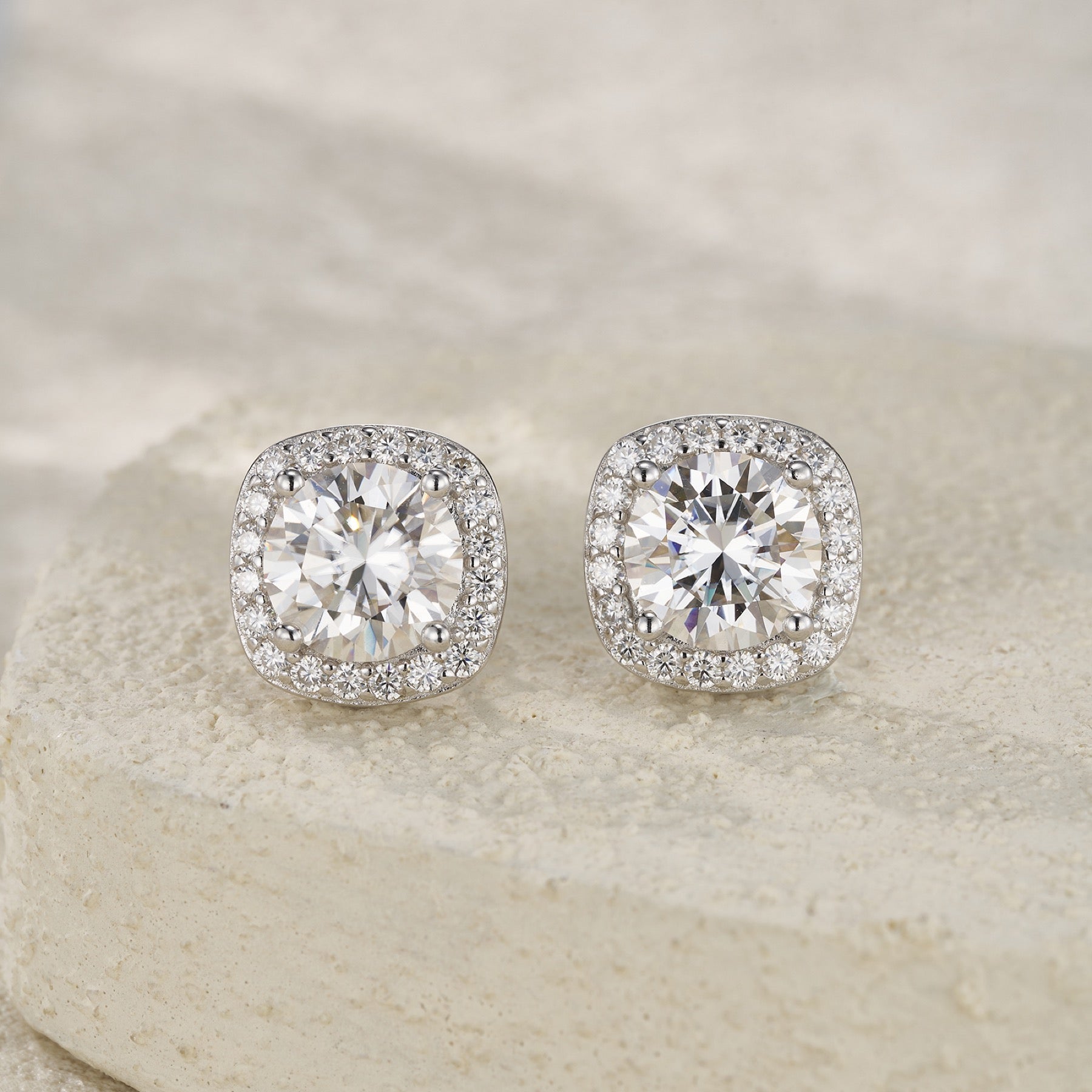 Reale 3 Carat Moissanite Halo Stud Earrings in Sterling Silver