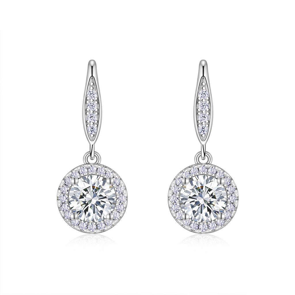 Aureola 1 Carat Moissanite Halo Drop Earrings in Sterling Silver