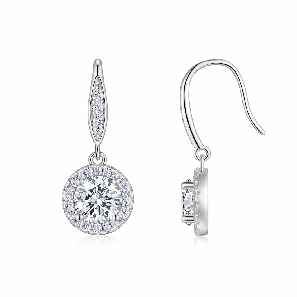 Aureola 1 Carat Moissanite Halo Drop Earrings in Sterling Silver