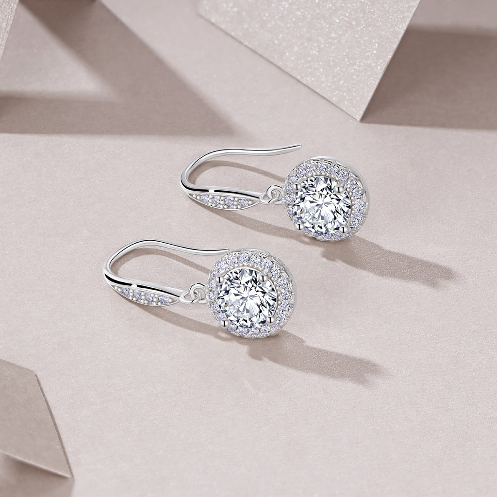 Aureola 1 Carat Moissanite Halo Drop Earrings in Sterling Silver