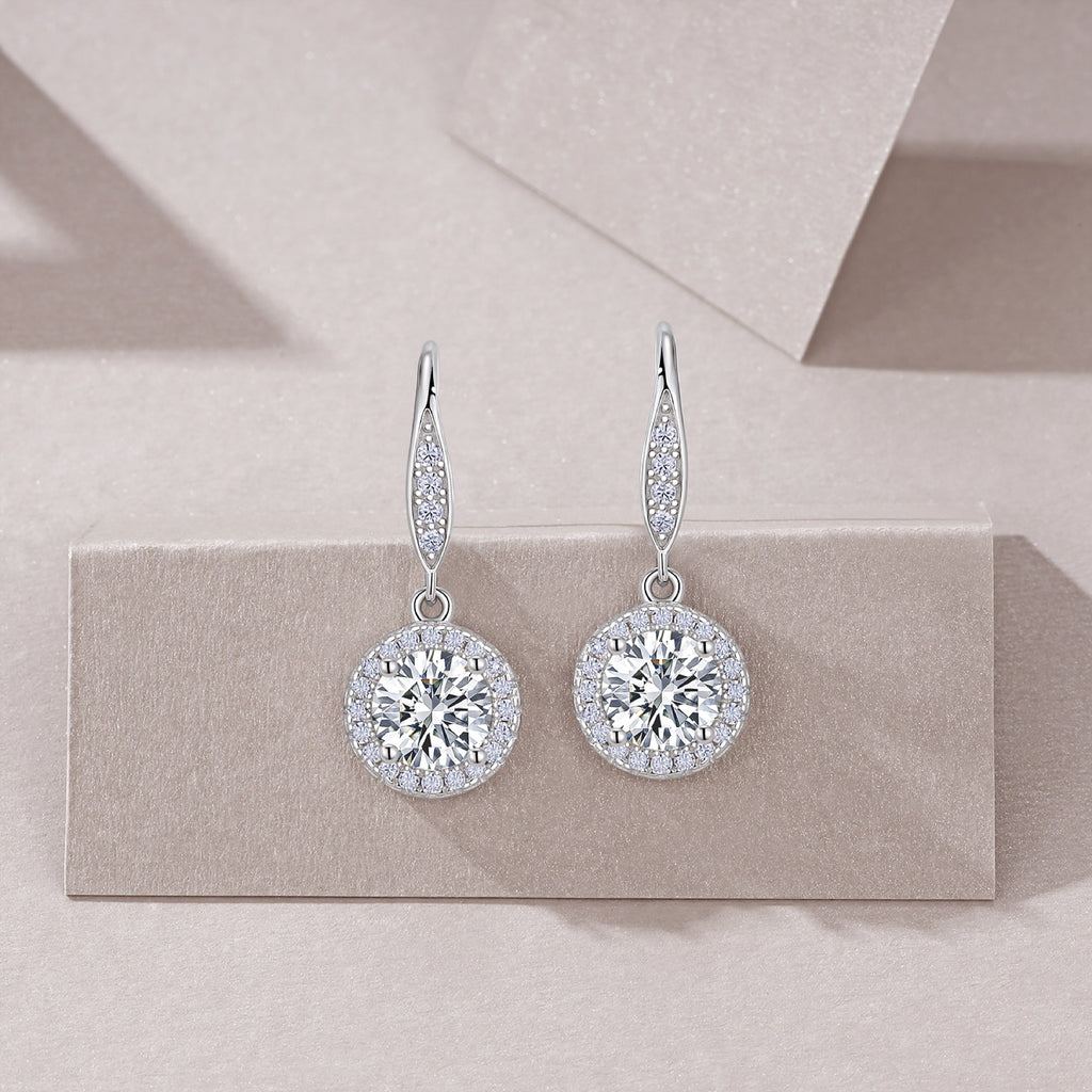 Aureola 1 Carat Moissanite Halo Drop Earrings in Sterling Silver