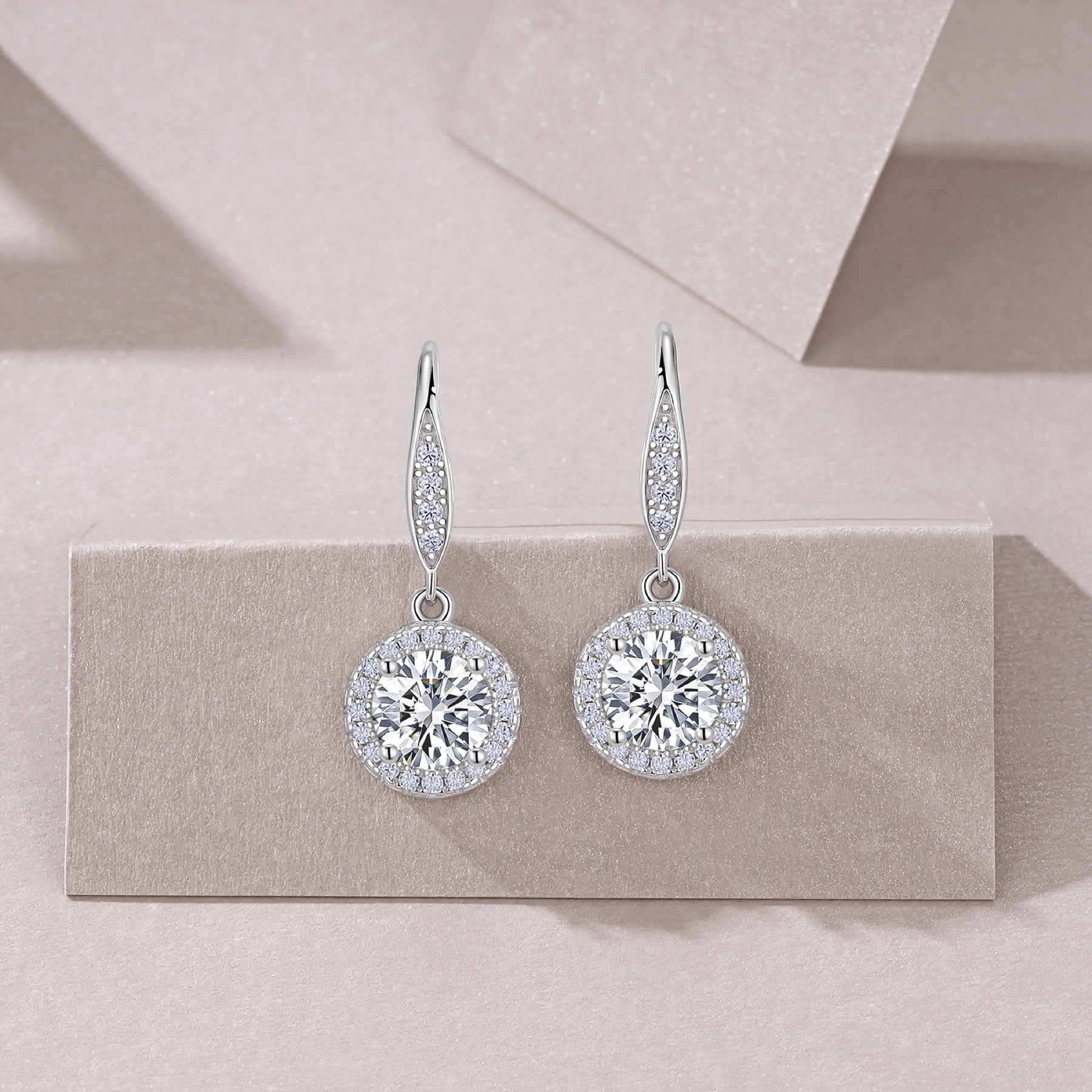 Aureola 1 Carat Moissanite Halo Drop Earrings in Sterling Silver