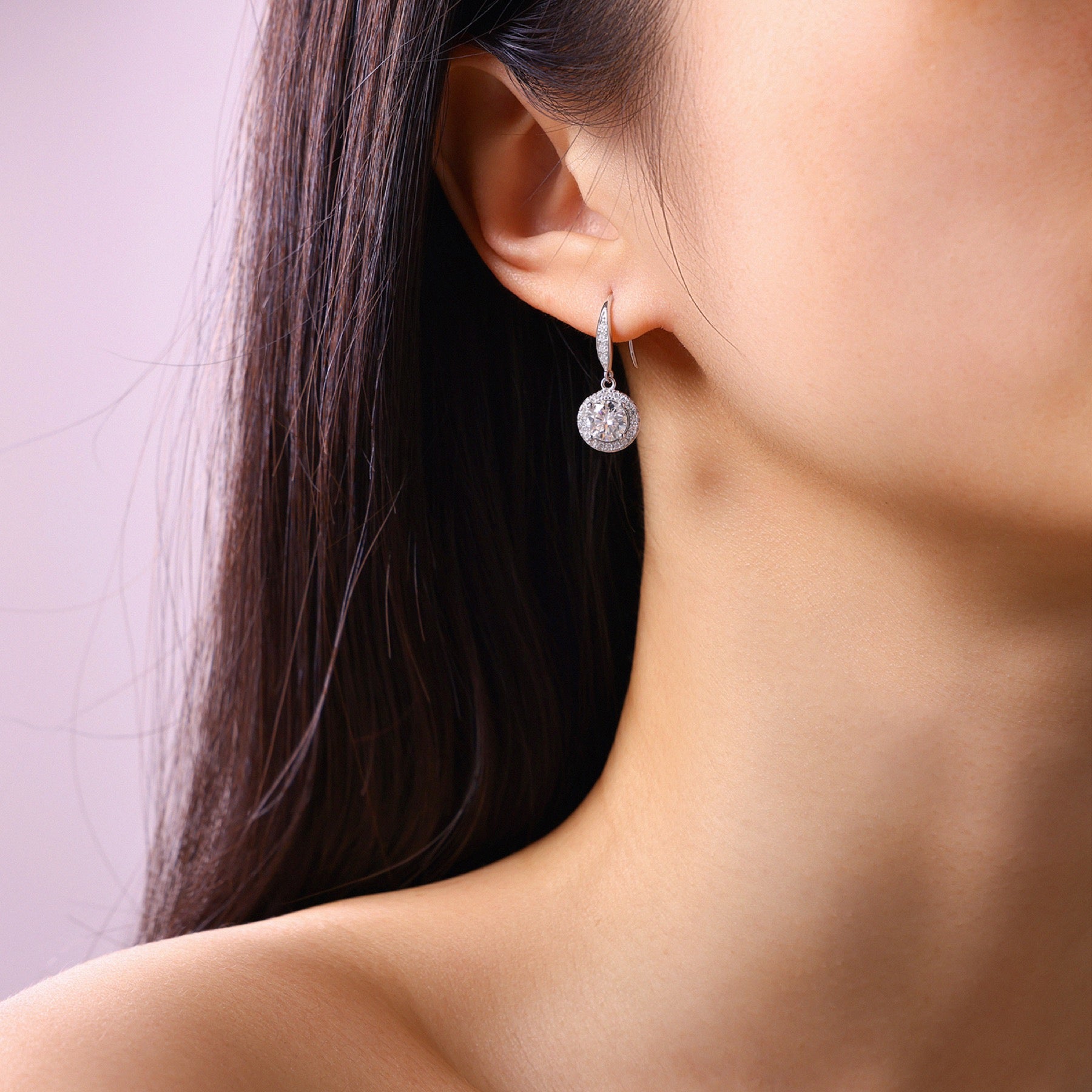 Aureola 1 Carat Moissanite Halo Drop Earrings in Sterling Silver