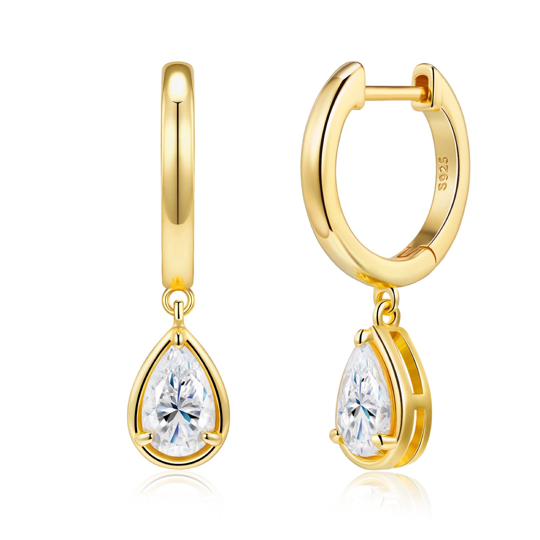 Pergola Pear-Cut Moissanite Drop Huggie Hoop Earrings in Gold-Tone Sterling Silver