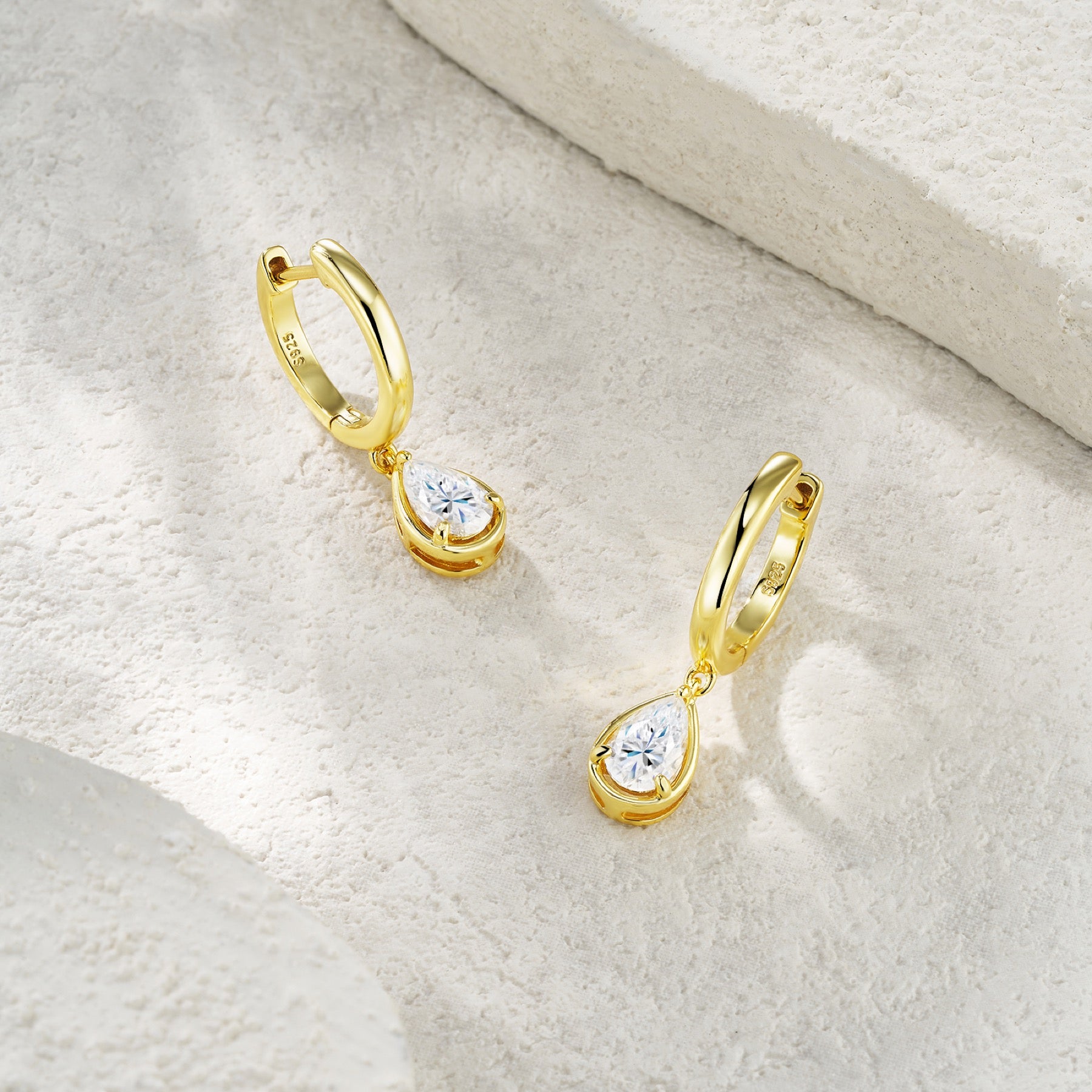 Pergola Pear-Cut Moissanite Drop Huggie Hoop Earrings in Gold-Tone Sterling Silver