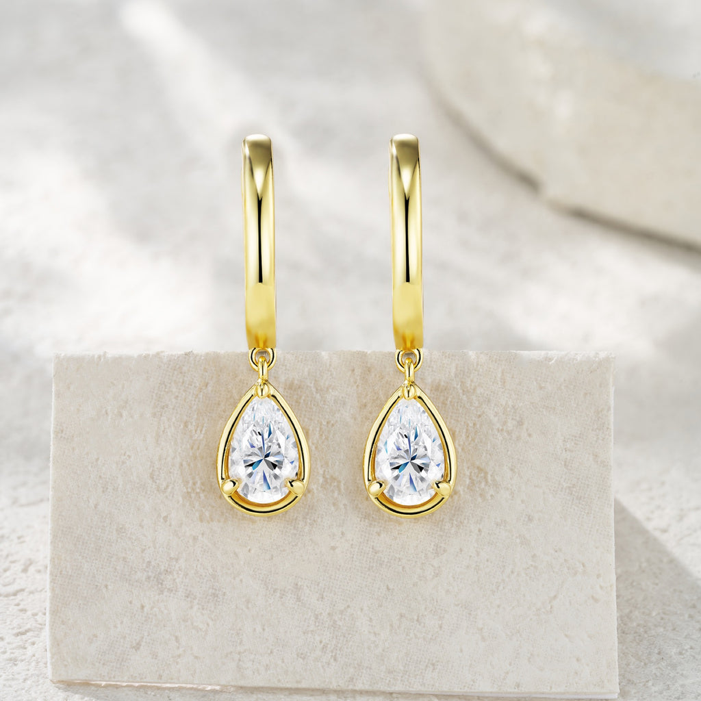 Pergola Pear-Cut Moissanite Drop Huggie Hoop Earrings in Gold-Tone Sterling Silver