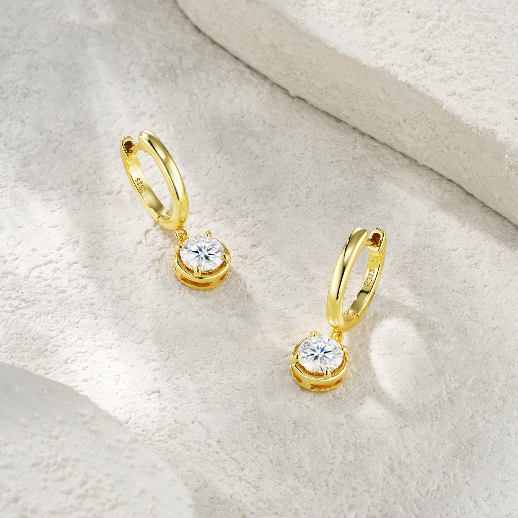 Rotonda Moissanite Drop Huggie Hoop Earrings in Gold-Tone Sterling Silver