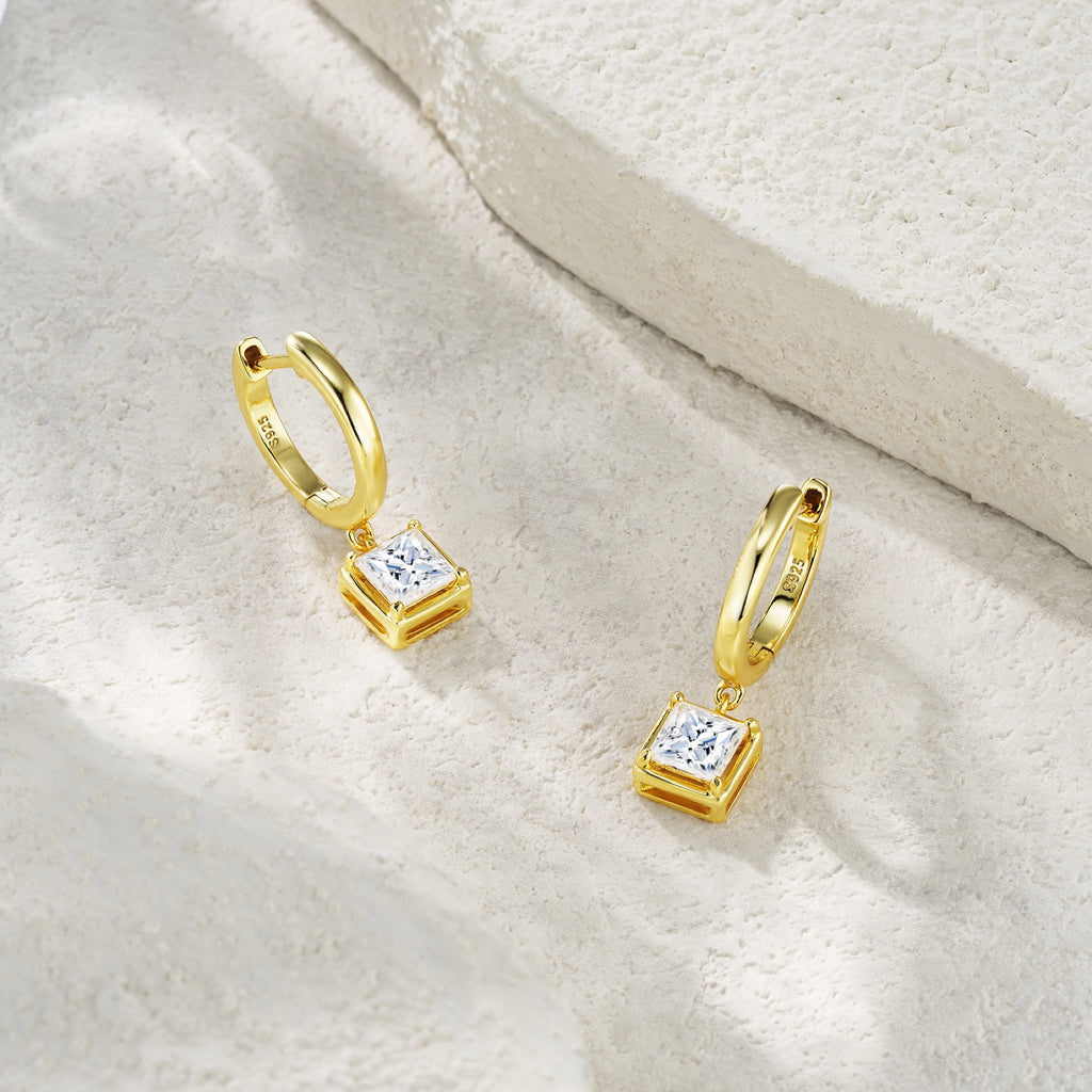 Quadretta Moissanite Drop Huggie Hoop Earrings in Gold-Tone Sterling Silver