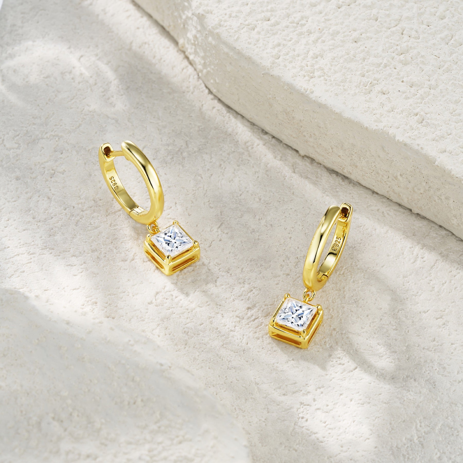 Quadretta Moissanite Drop Huggie Hoop Earrings in Gold-Tone Sterling Silver