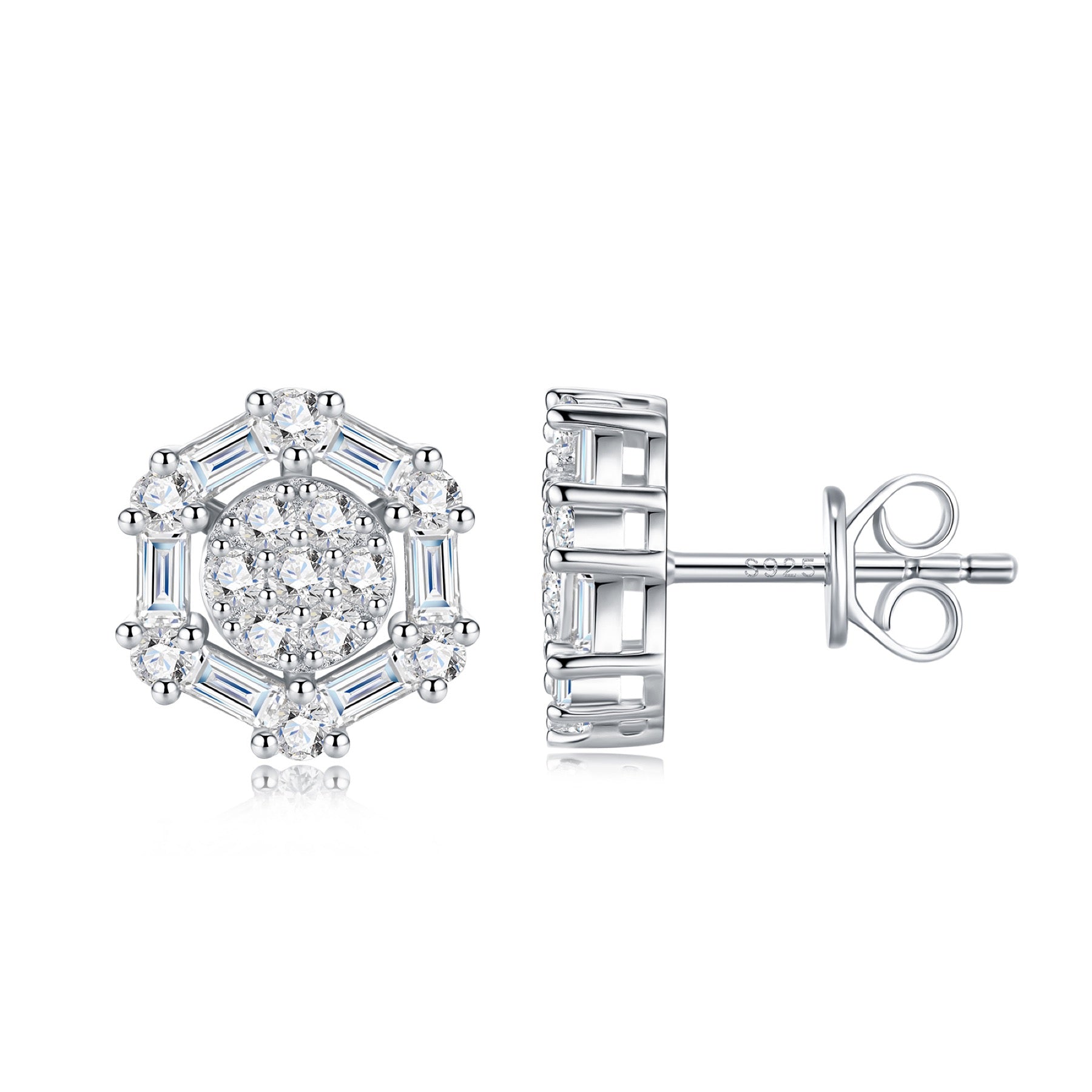 Esagono Moissanite Halo Stud Earrings in Sterling Silver