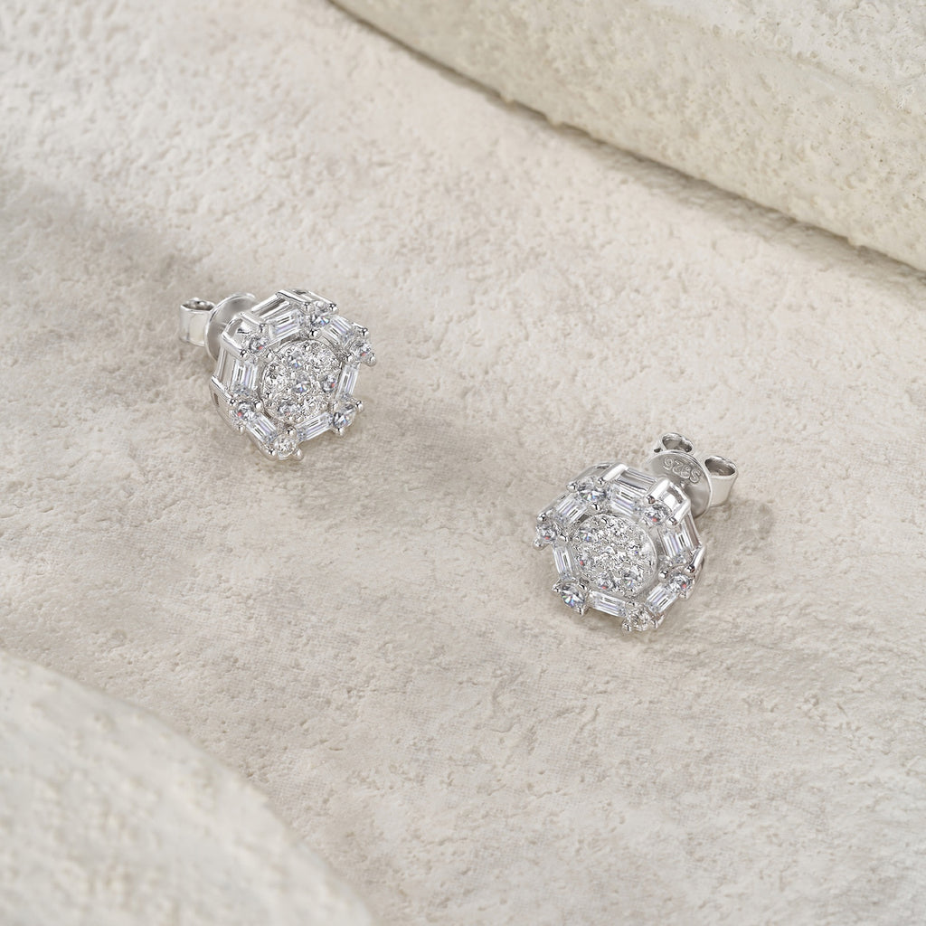 Esagono Moissanite Halo Stud Earrings in Sterling Silver