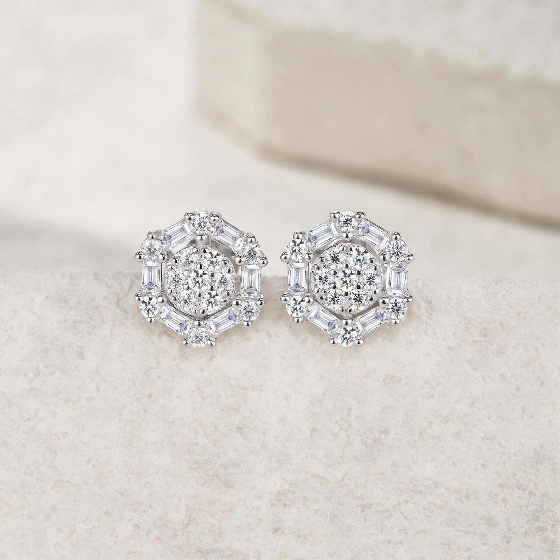 Esagono Moissanite Halo Stud Earrings in Sterling Silver