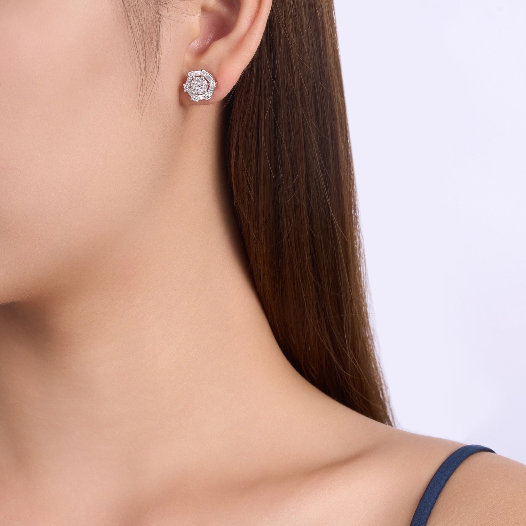 Esagono Moissanite Halo Stud Earrings in Sterling Silver