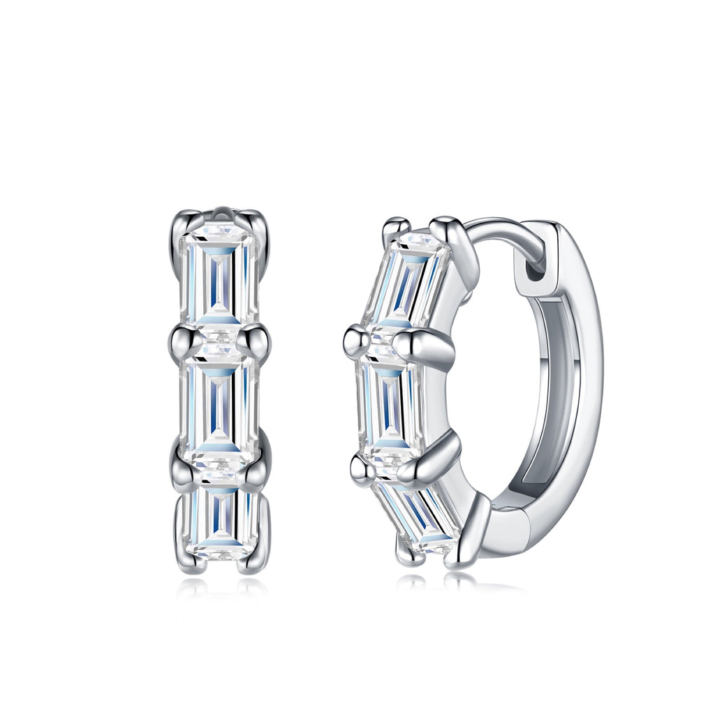 Tris Moissanite Huggie Hoop Earrings in Sterling Silver
