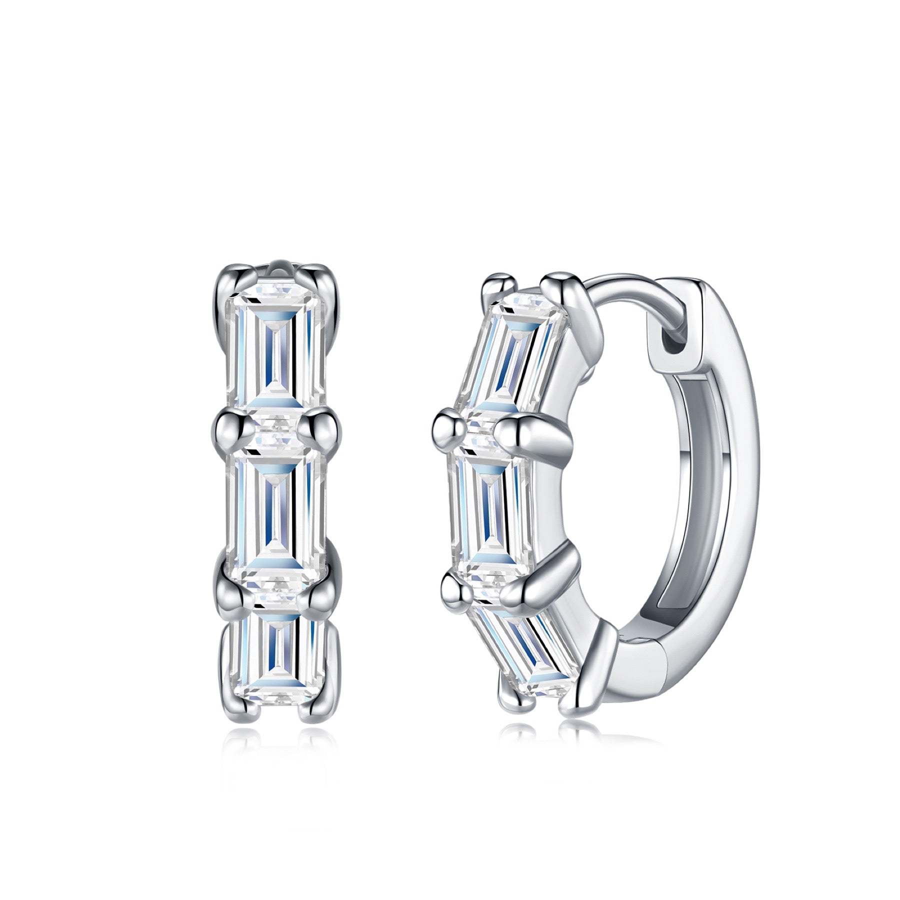 Tris Moissanite Huggie Hoop Earrings in Sterling Silver