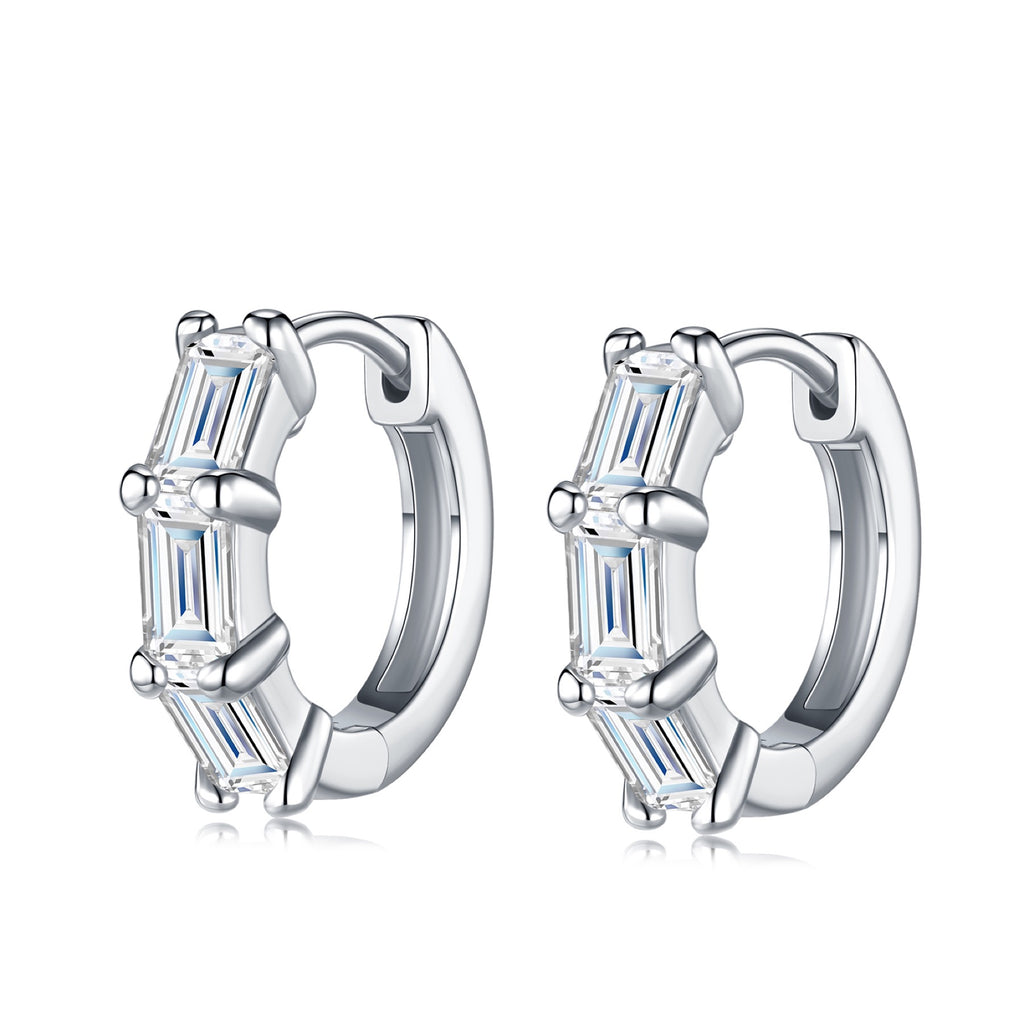 Tris Moissanite Huggie Hoop Earrings in Sterling Silver