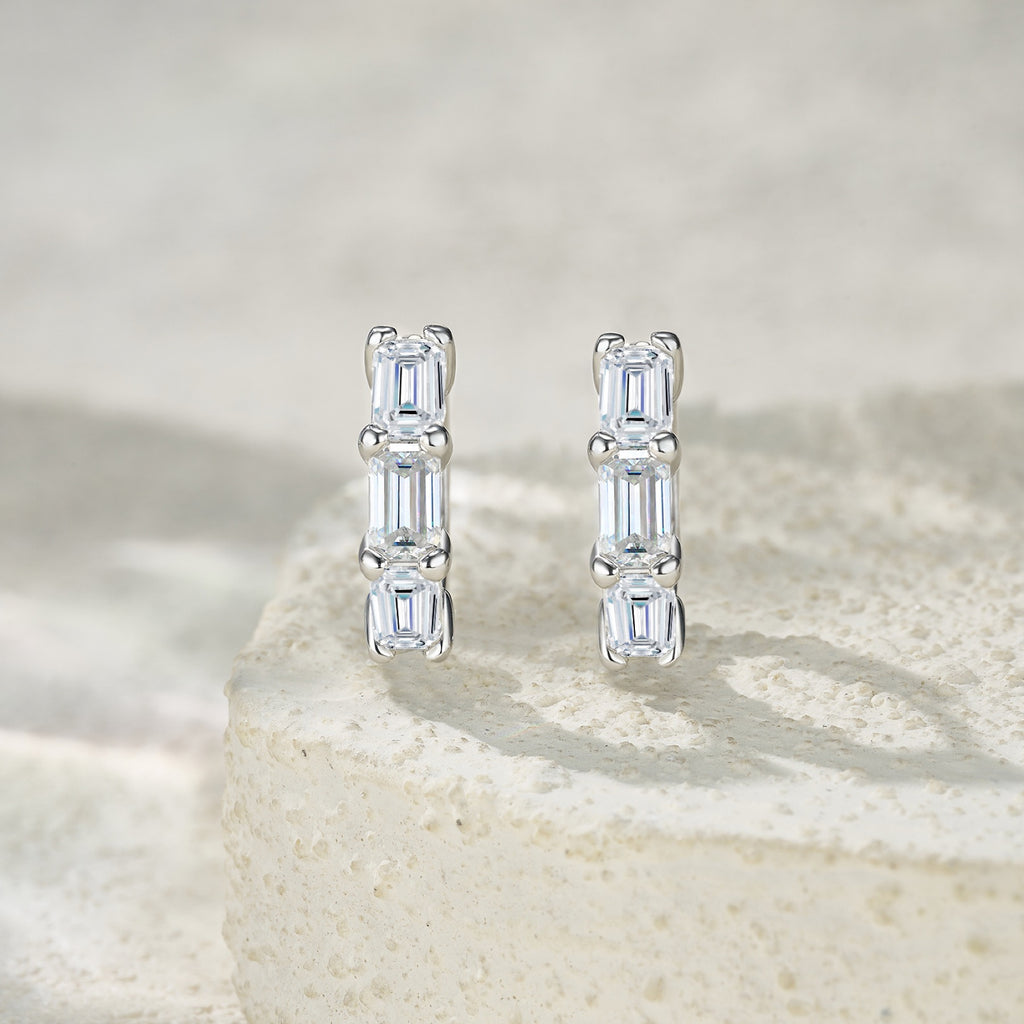 Tris Moissanite Huggie Hoop Earrings in Sterling Silver