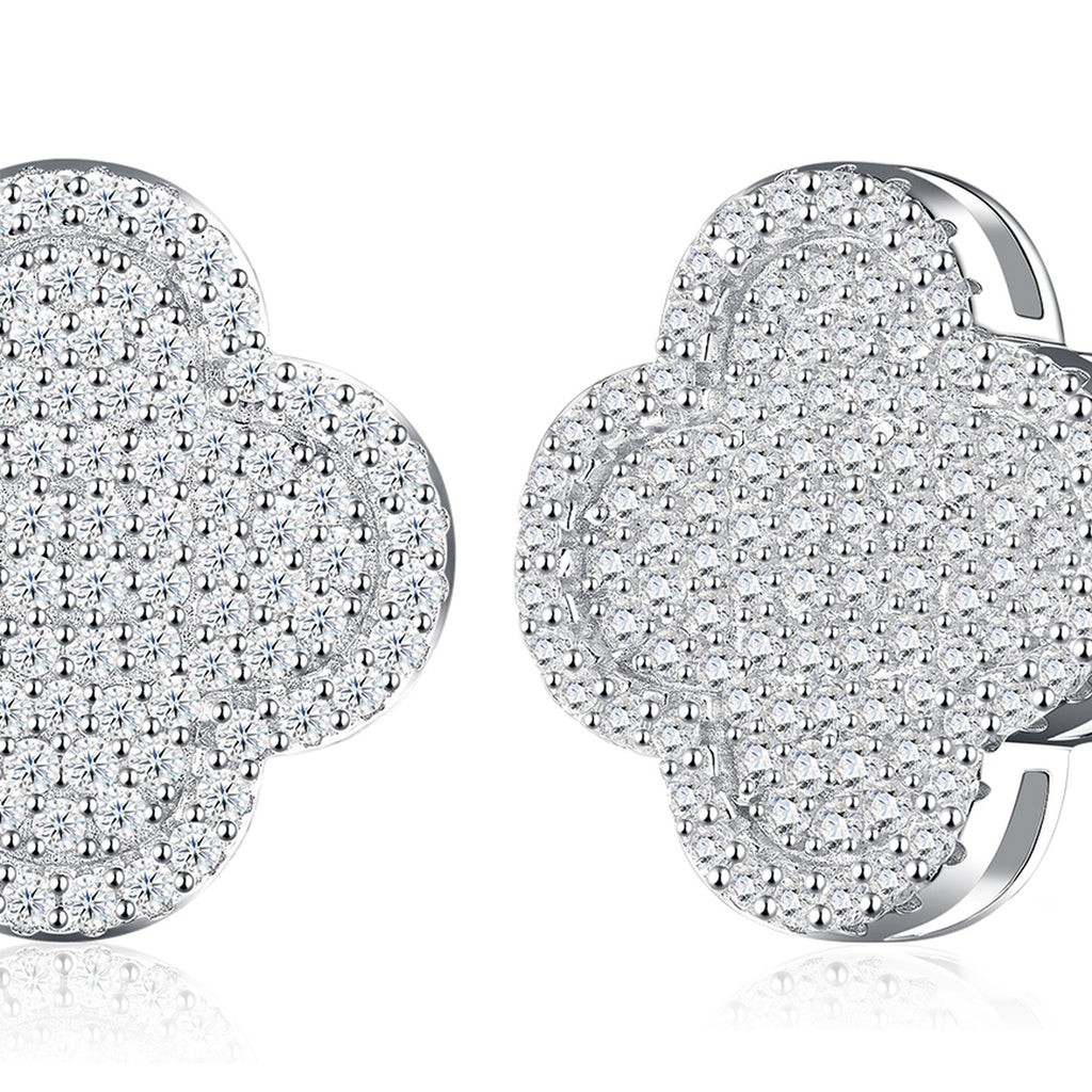 Quadrella Moissanite Clover Stud Earrings in Sterling Silver — detail