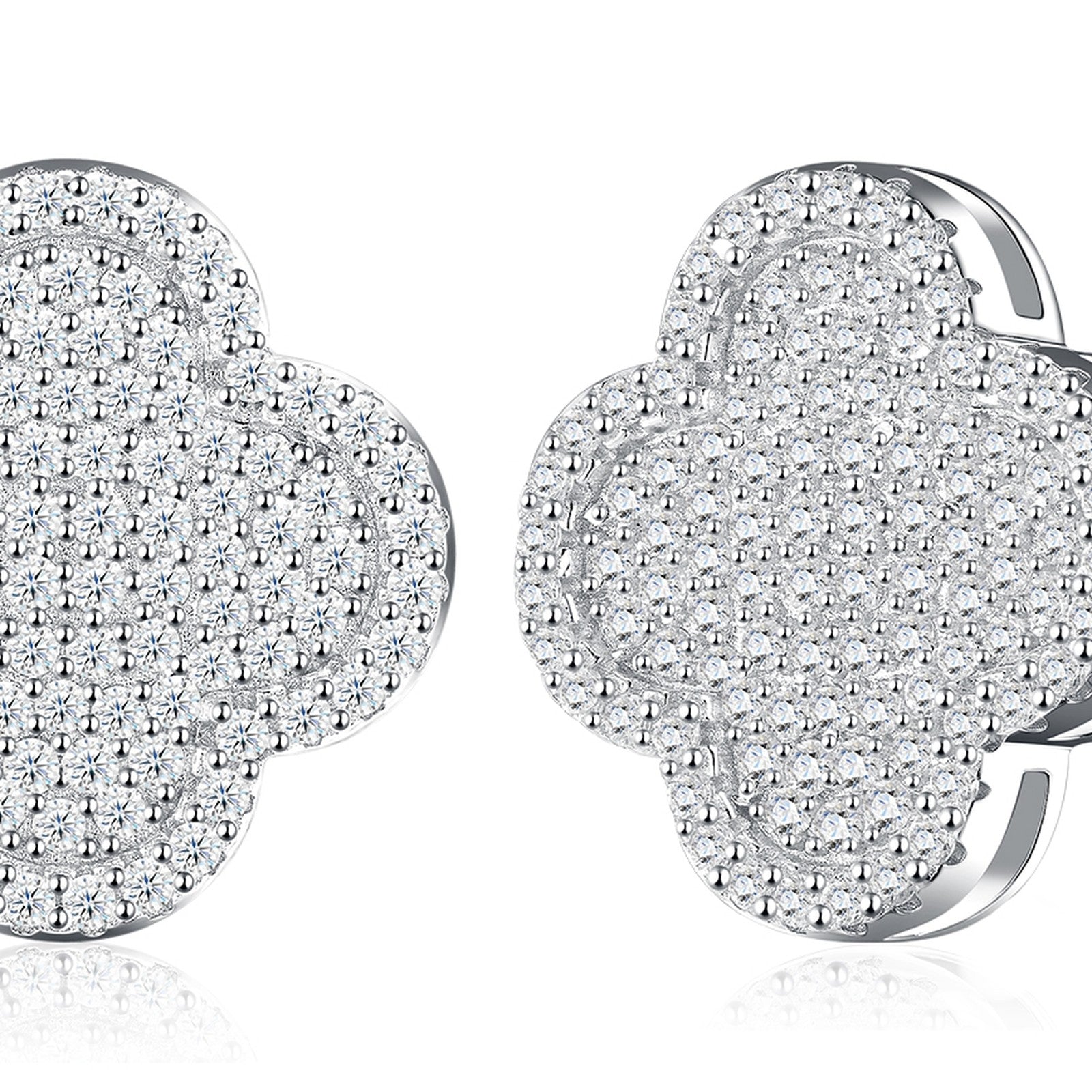 Quadrella Moissanite Clover Stud Earrings in Sterling Silver — detail