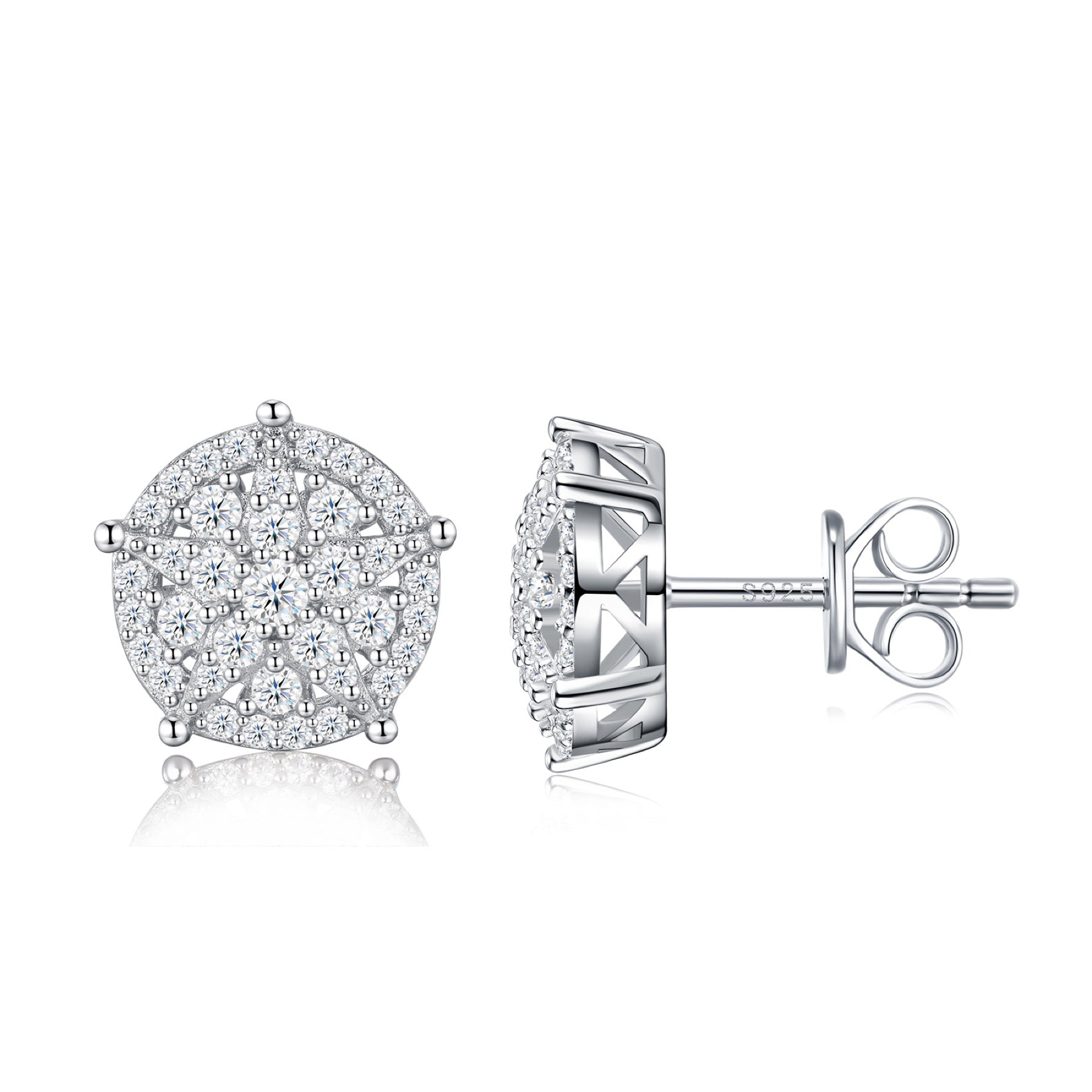 Girandola Moissanite Halo Stud Earrings in Sterling Silver