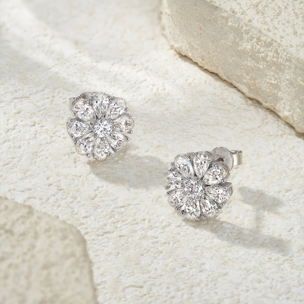 Fioritura Moissanite Halo Stud Earrings in Sterling Silver