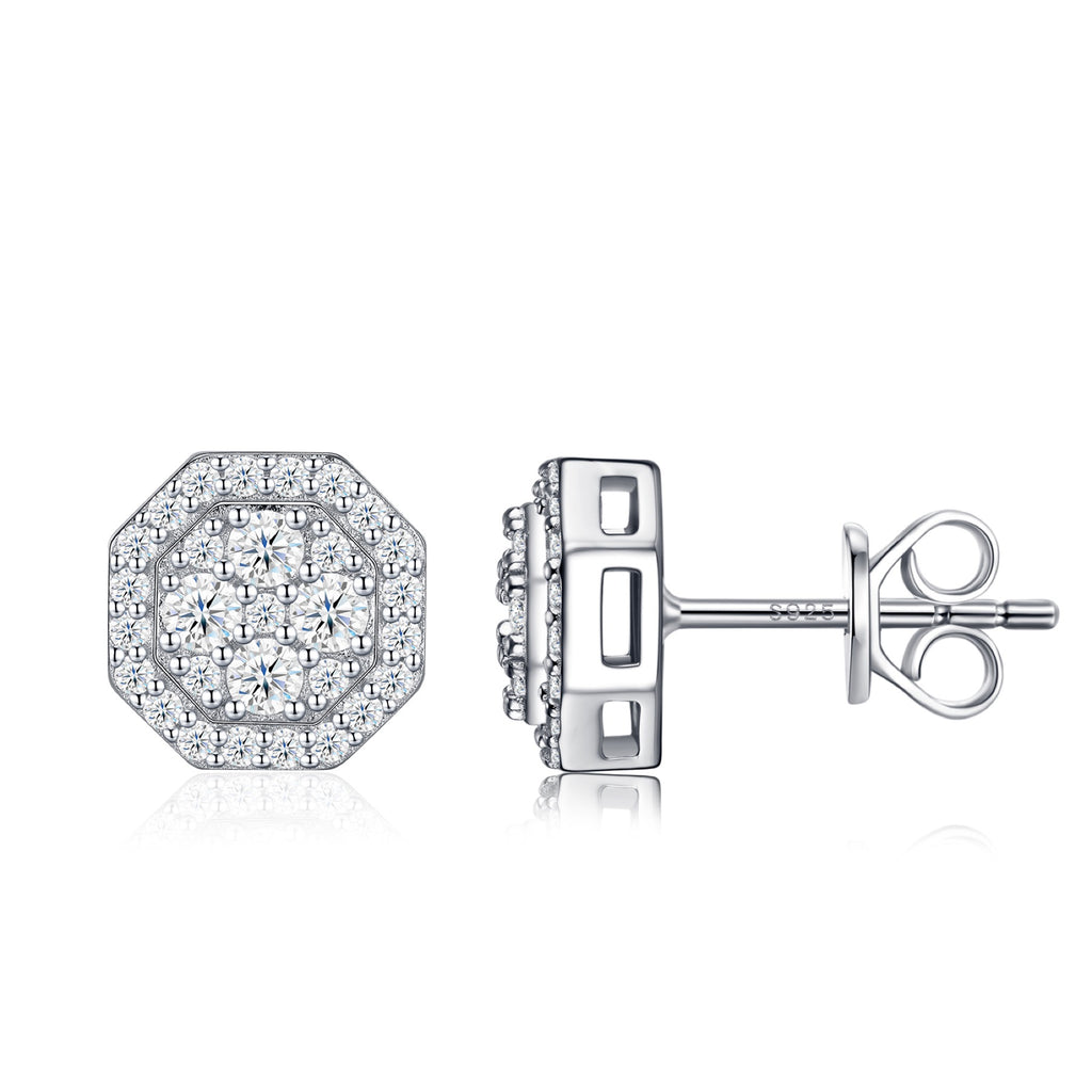 Ottagono Moissanite Halo Stud Earrings in Sterling Silver