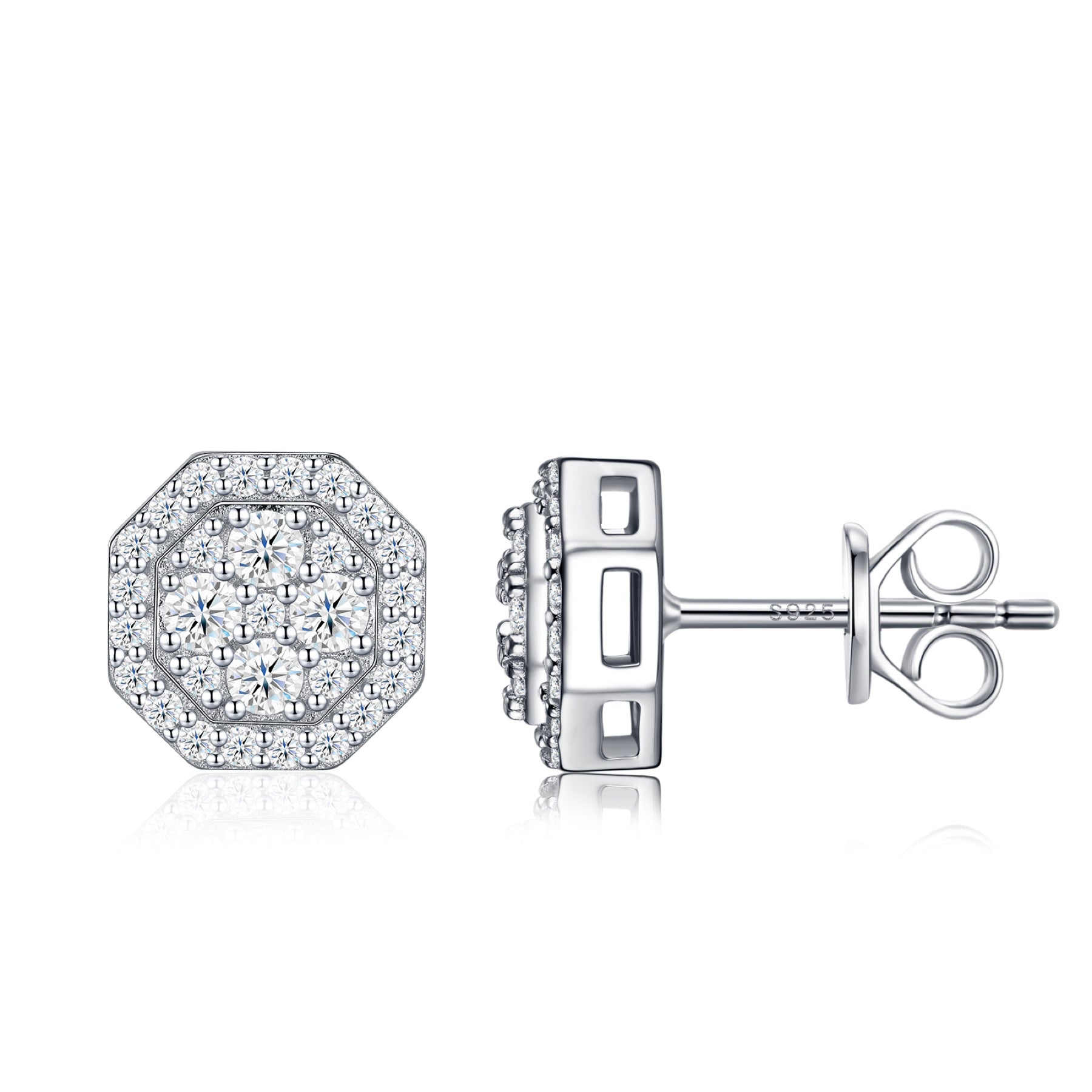 Ottagono Moissanite Halo Stud Earrings in Sterling Silver