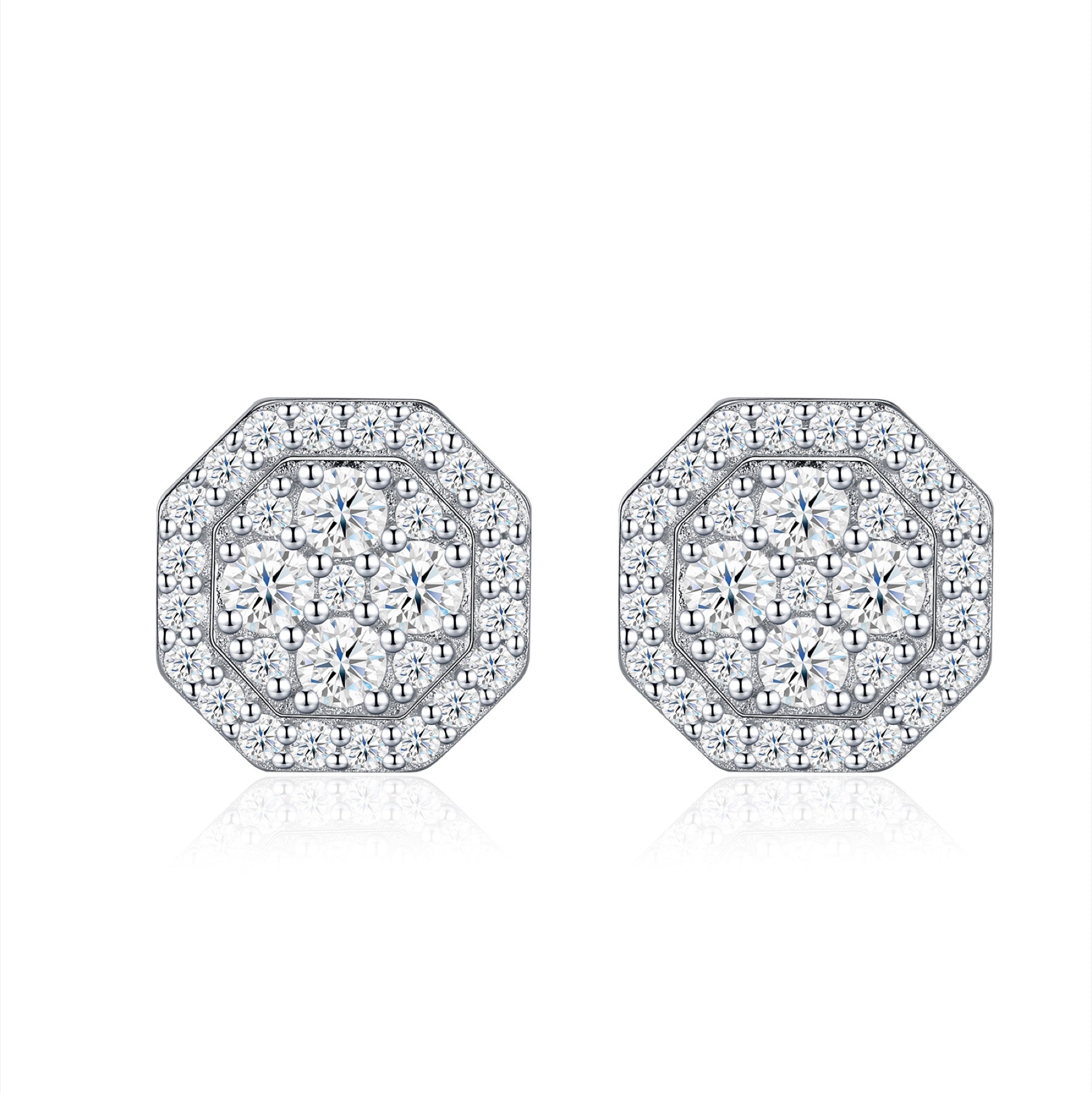 Ottagono Moissanite Halo Stud Earrings in Sterling Silver