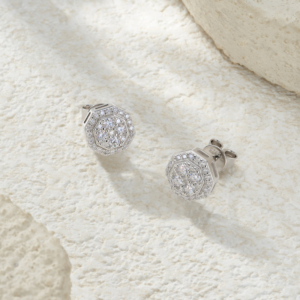 Ottagono Moissanite Halo Stud Earrings in Sterling Silver