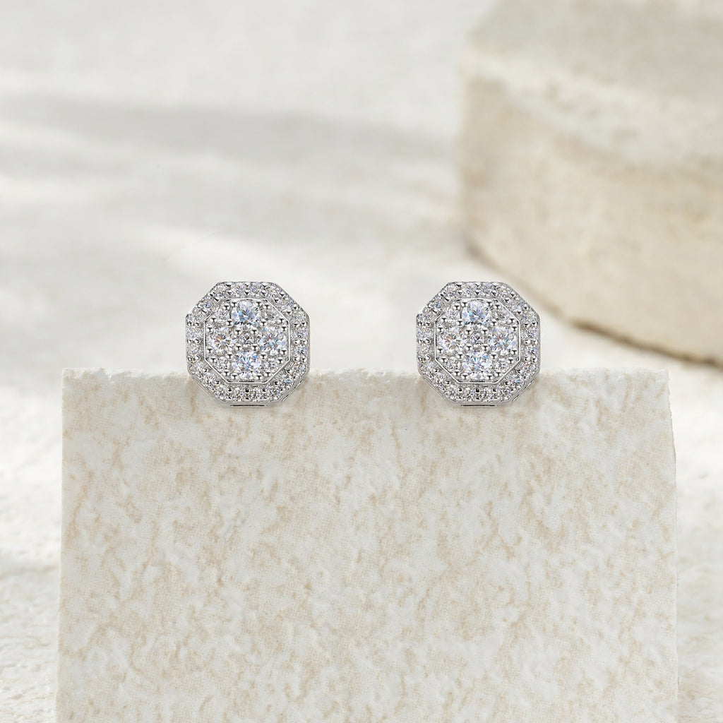 Ottagono Moissanite Halo Stud Earrings in Sterling Silver