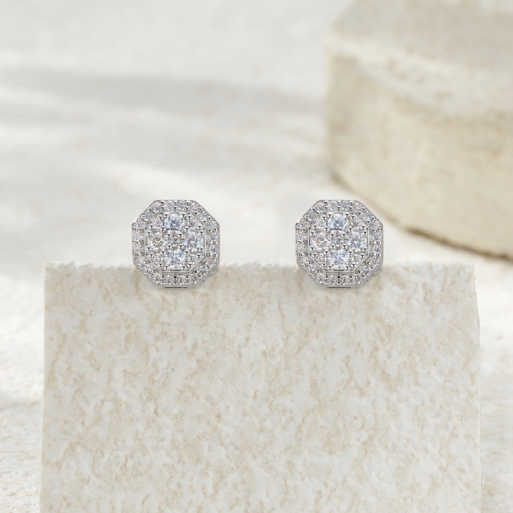 Ottagono Moissanite Halo Stud Earrings in Sterling Silver