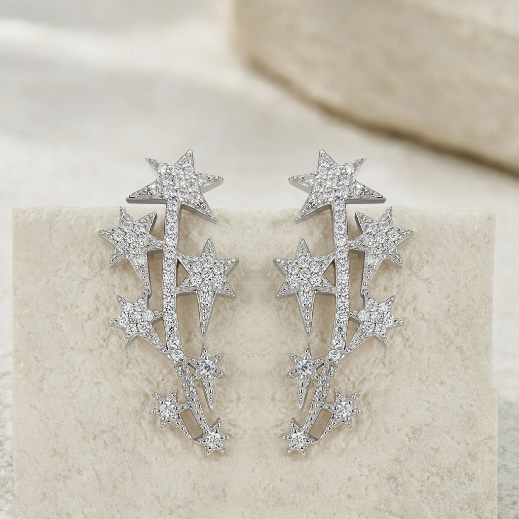 Sciame Moissanite Star Climber Earrings in Sterling Silver