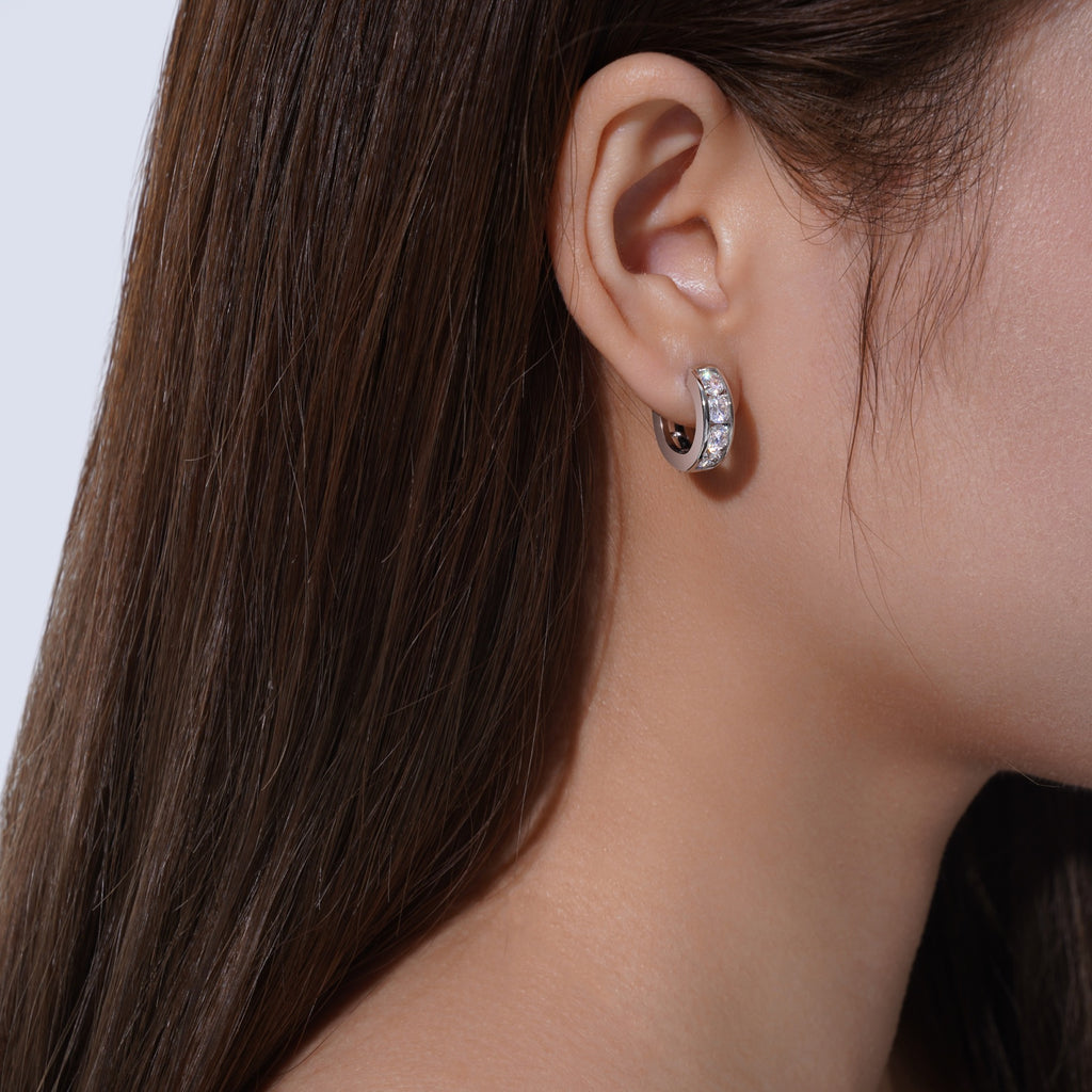 Puntini Moissanite Huggie Hoop Earrings in Sterling Silver
