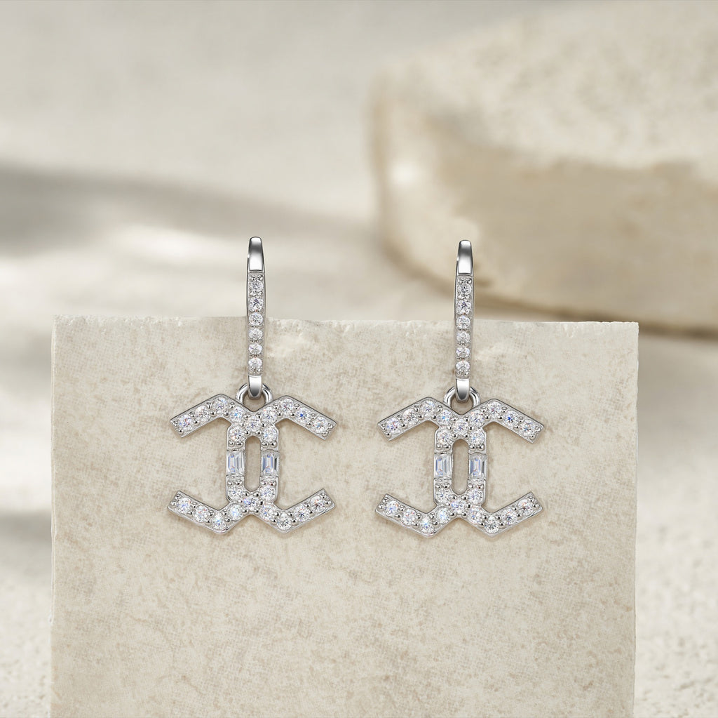 Doppiacroce Moissanite Cross Drop Earrings in Sterling Silver