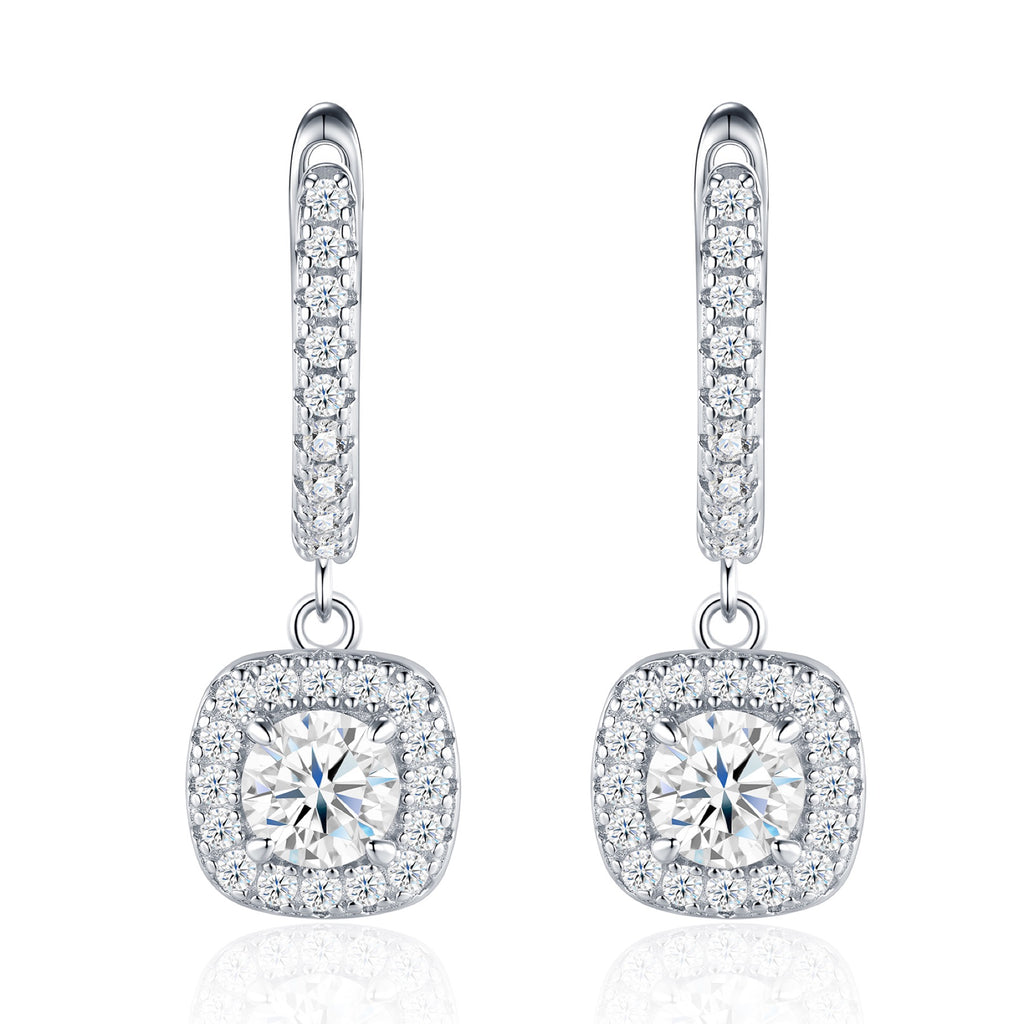 Quadrogoccia Moissanite Drop Huggie Hoop Earrings in Sterling Silver