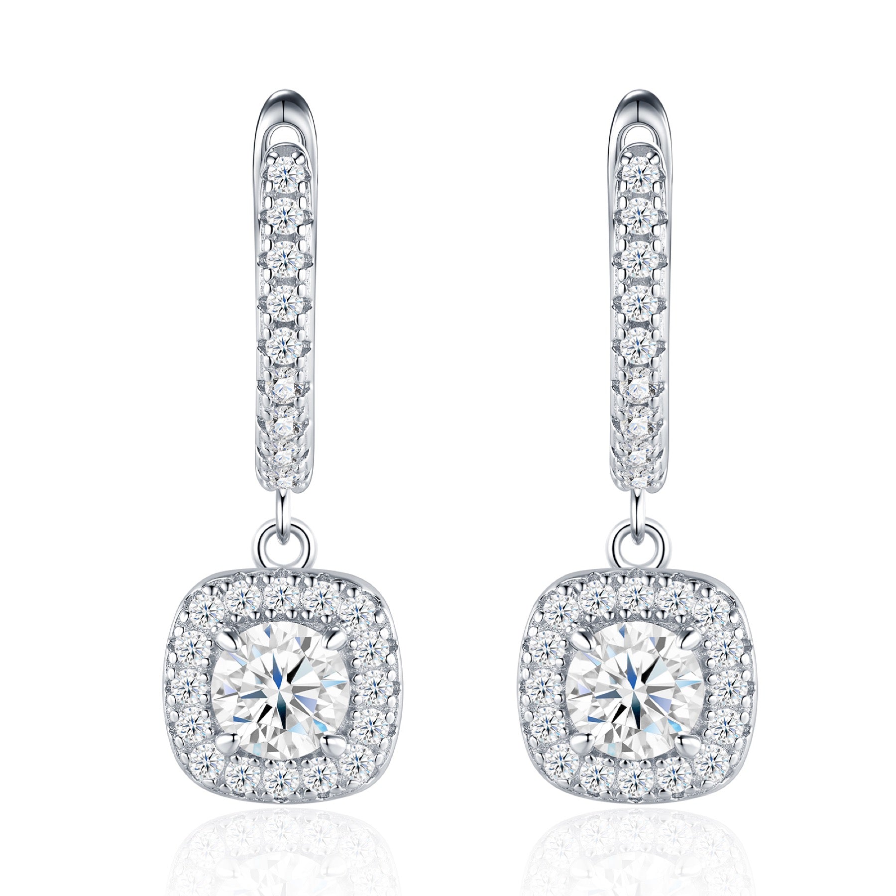 Quadrogoccia Moissanite Drop Huggie Hoop Earrings in Sterling Silver