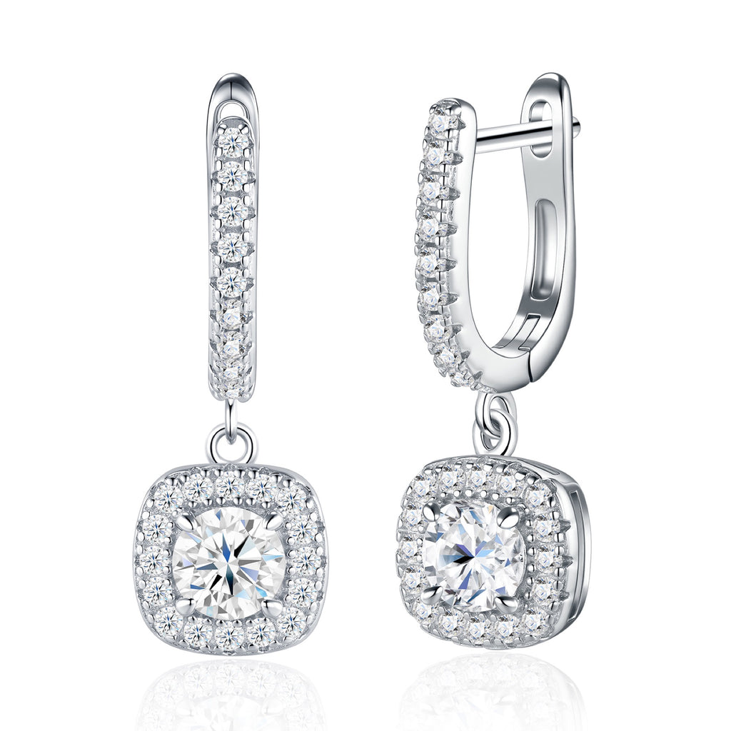 Quadrogoccia Moissanite Drop Huggie Hoop Earrings in Sterling Silver