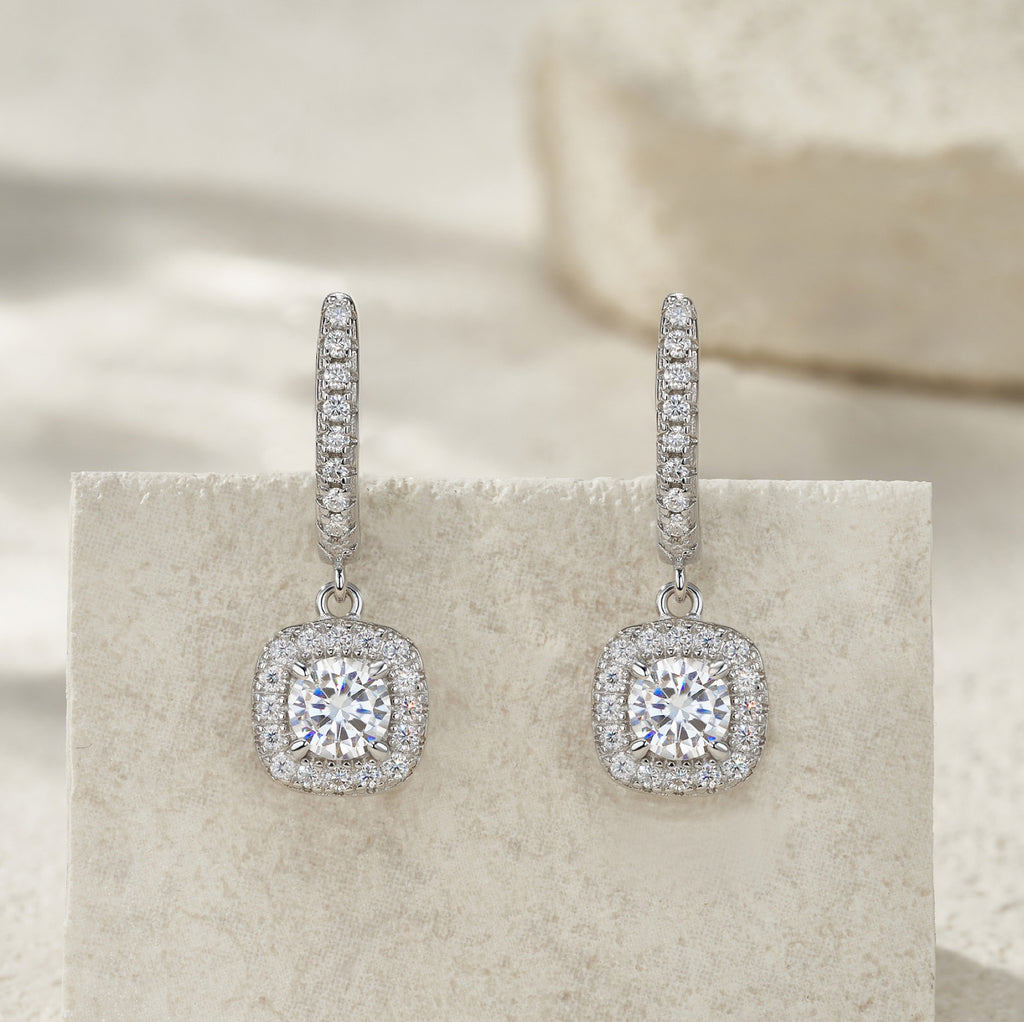 Quadrogoccia Moissanite Drop Huggie Hoop Earrings in Sterling Silver