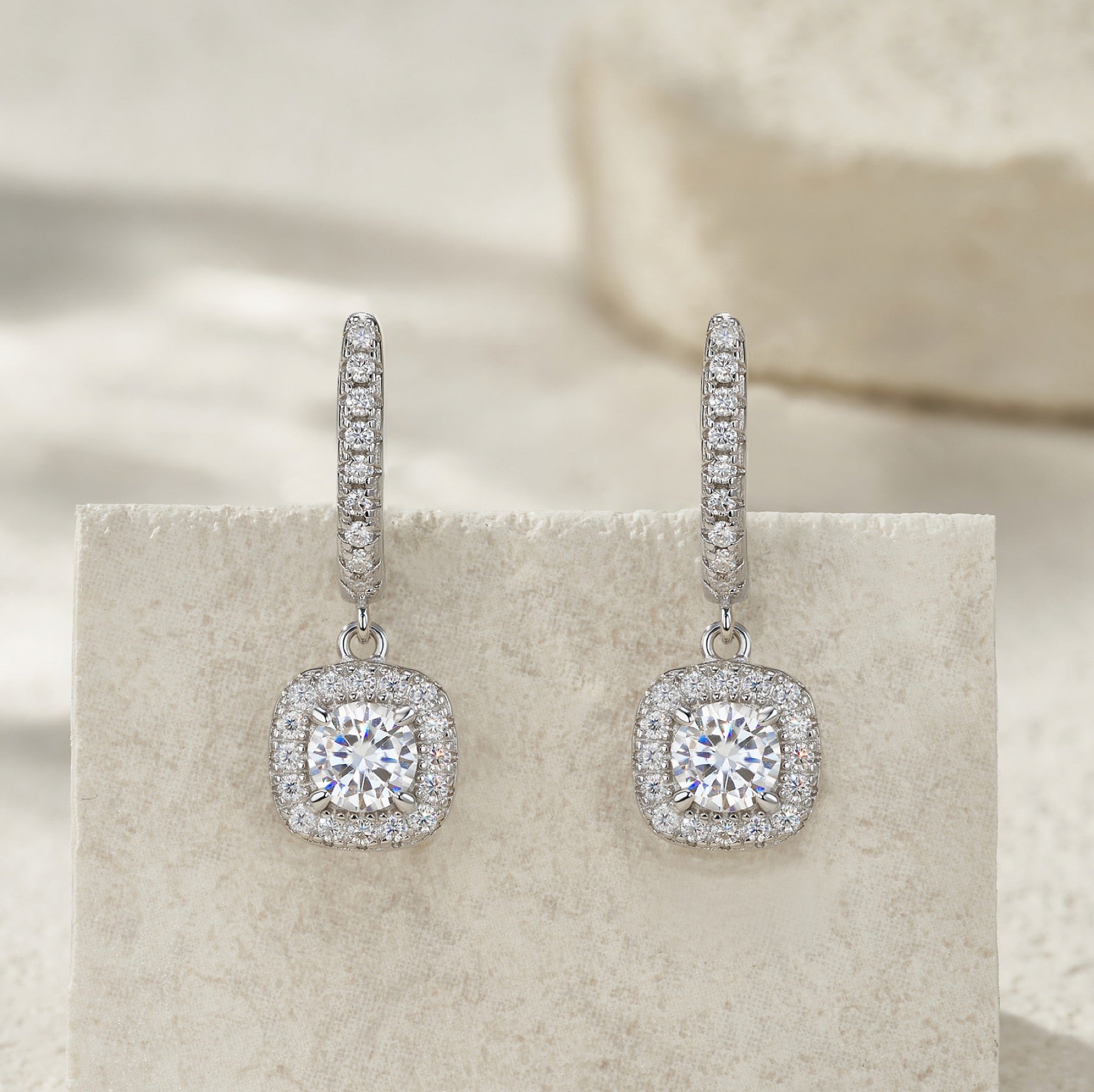 Quadrogoccia Moissanite Drop Huggie Hoop Earrings in Sterling Silver
