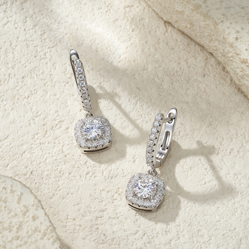Quadrogoccia Moissanite Drop Huggie Hoop Earrings in Sterling Silver