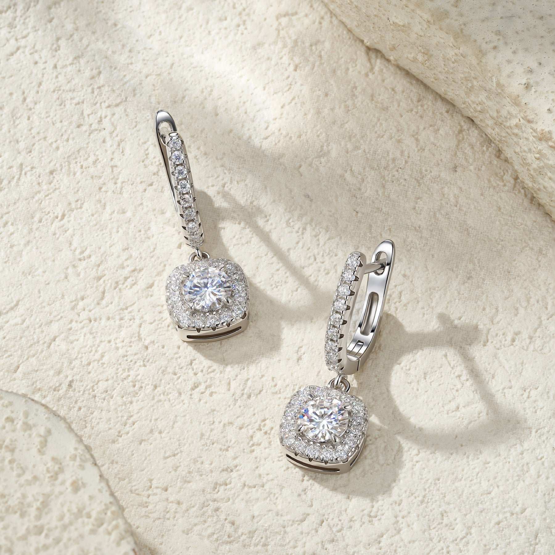 Quadrogoccia Moissanite Drop Huggie Hoop Earrings in Sterling Silver