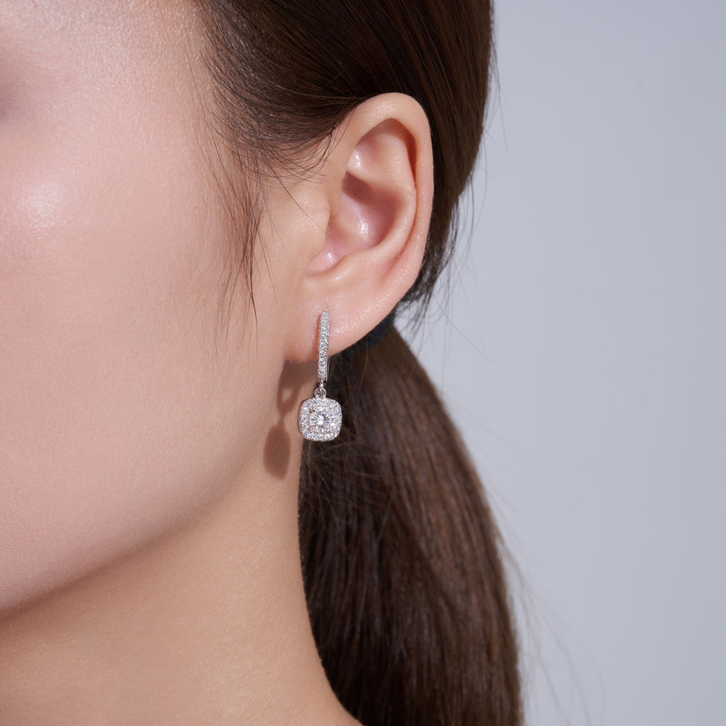 Quadrogoccia Moissanite Drop Huggie Hoop Earrings in Sterling Silver