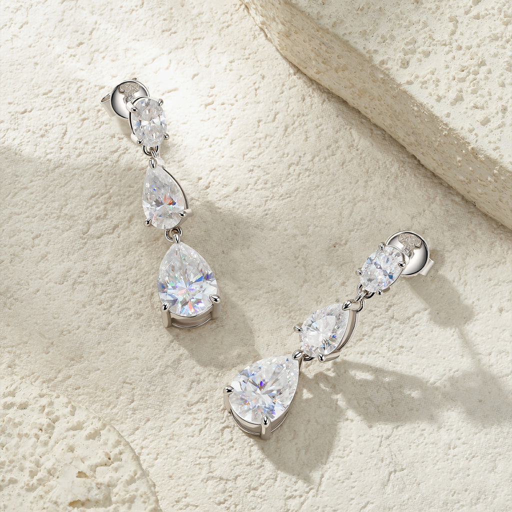 Doppiapera Pear-Cut Moissanite Drop Earrings in Sterling Silver